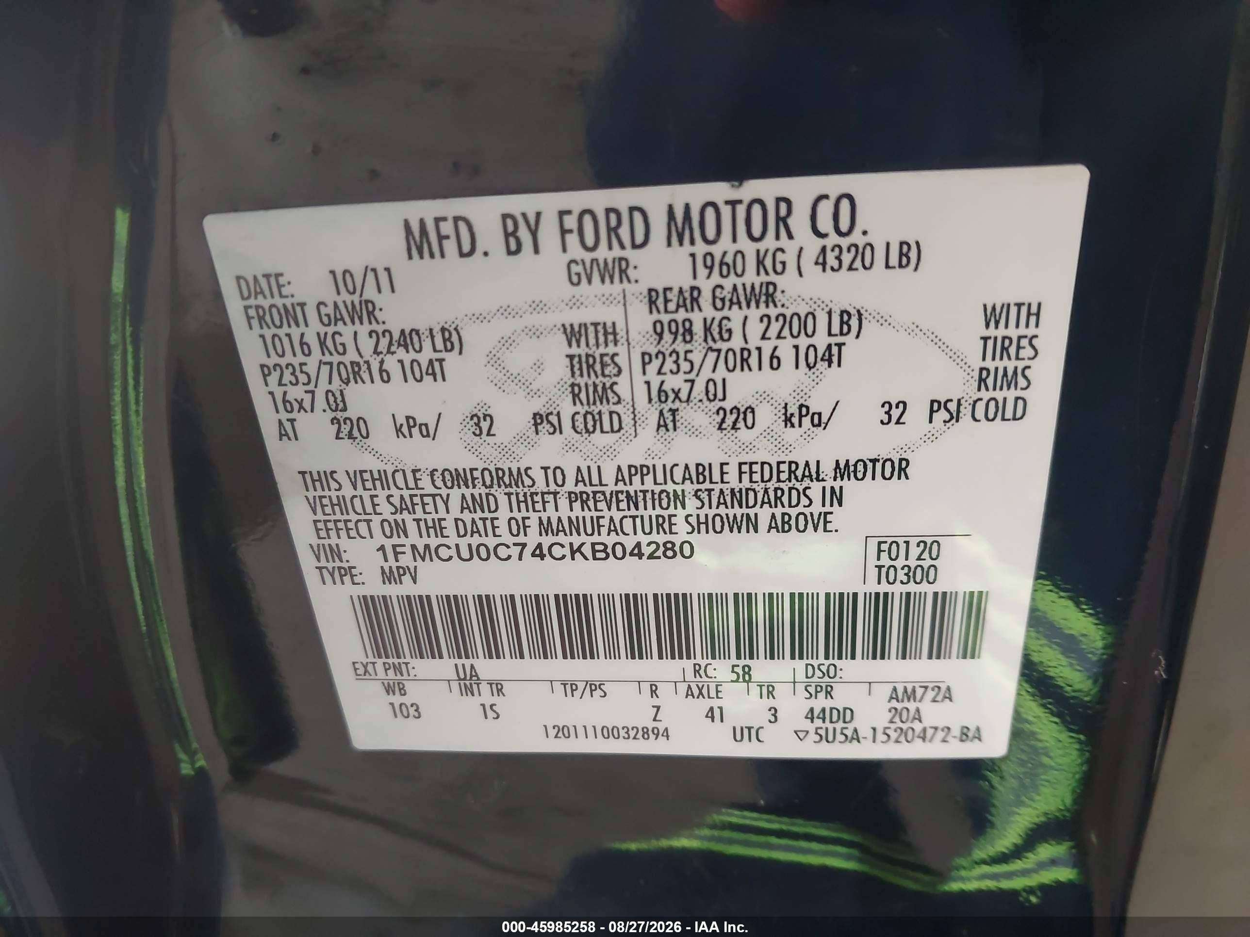 2012 Ford Escape Xls Black vin: 1FMCU0C74CKB04280