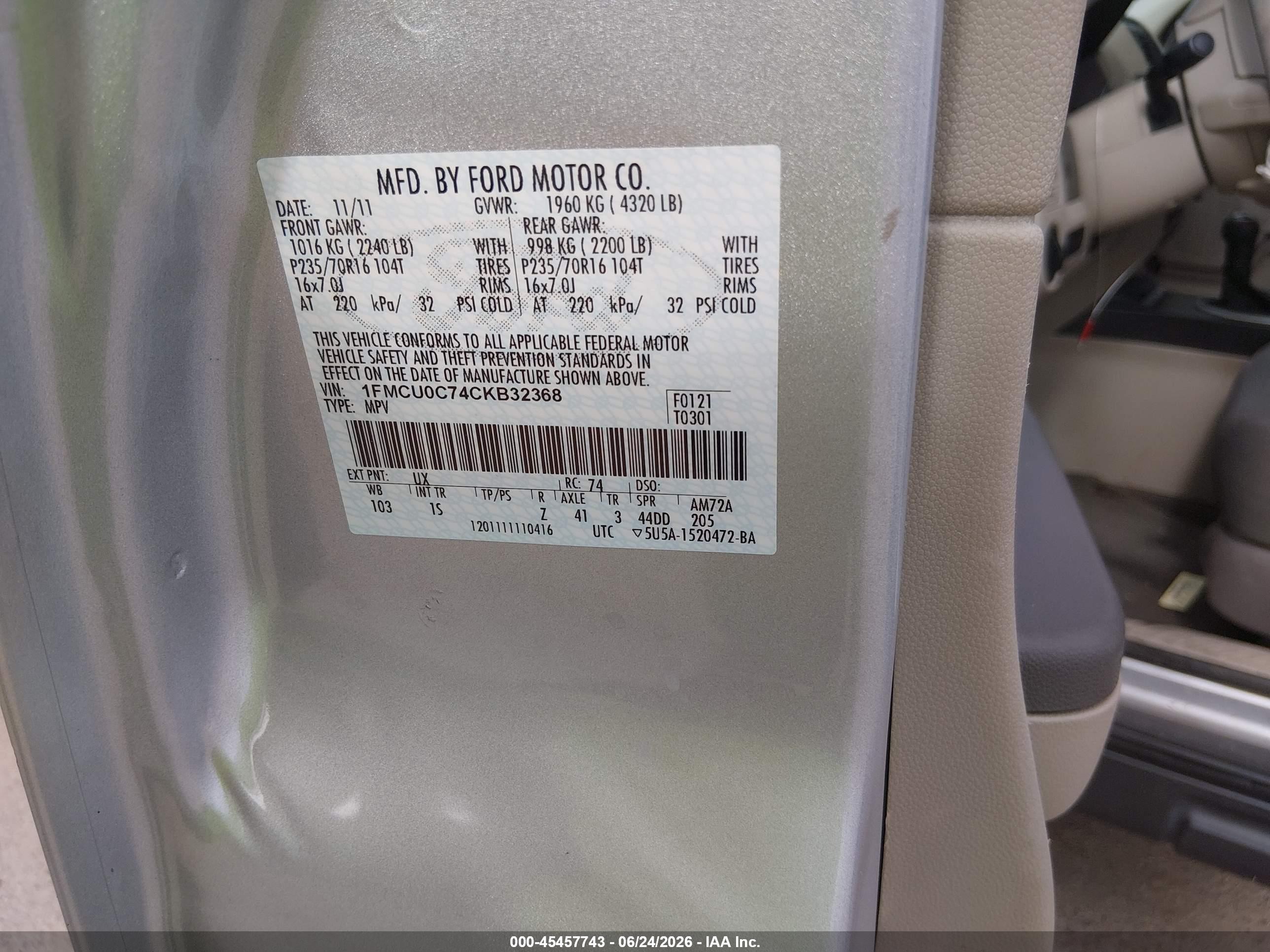 2012 Ford Escape Xls Silver vin: 1FMCU0C74CKB32368