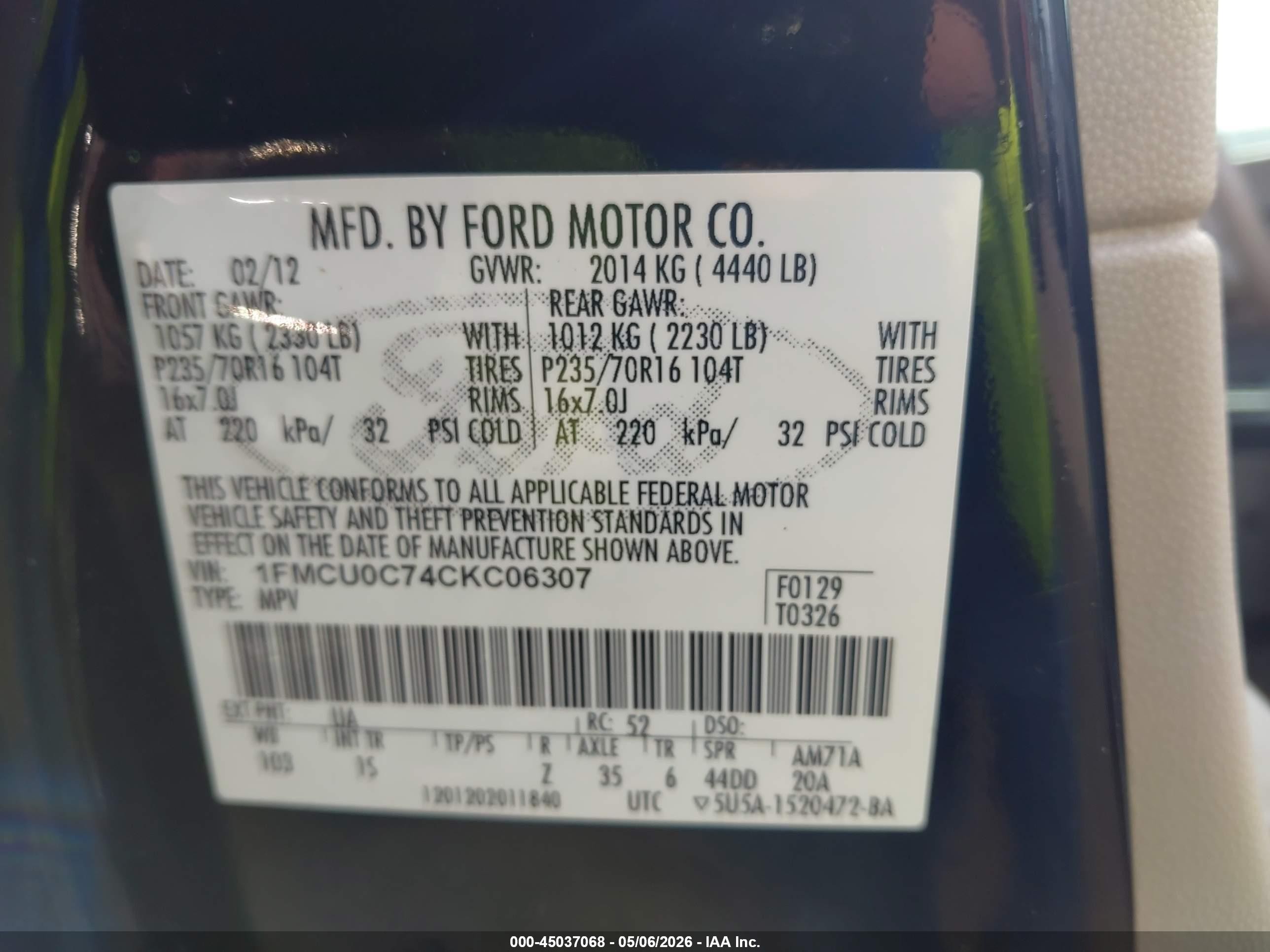 2012 Ford Escape Xls Черный vin: 1FMCU0C74CKC06307