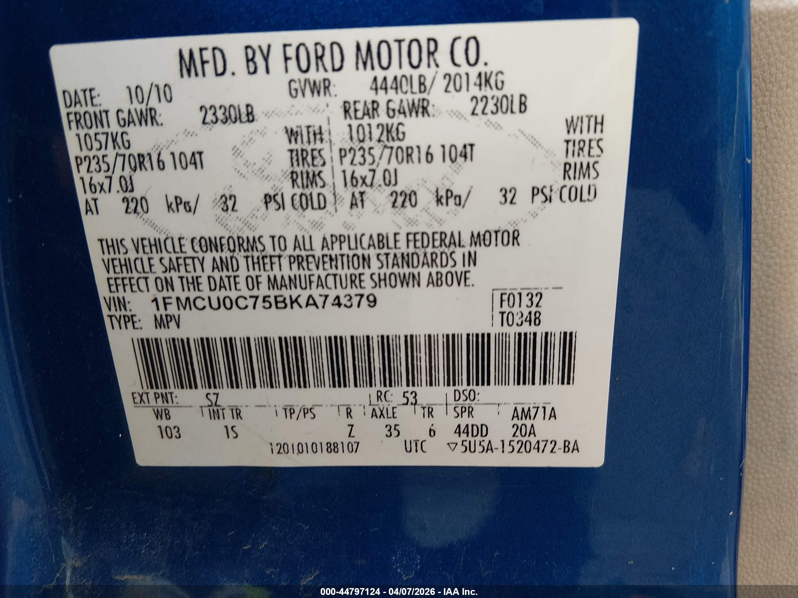 2011 Ford Escape Xls Blue vin: 1FMCU0C75BKA74379