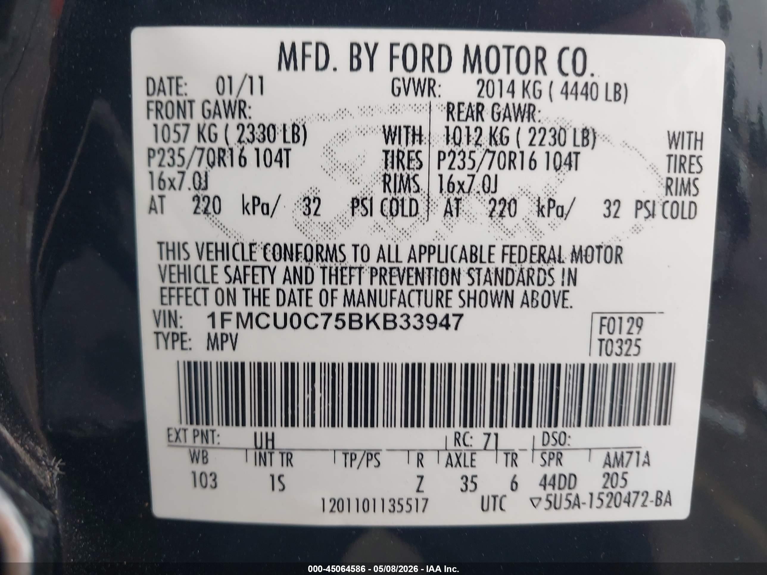 2011 Ford Escape Xls Black vin: 1FMCU0C75BKB33947