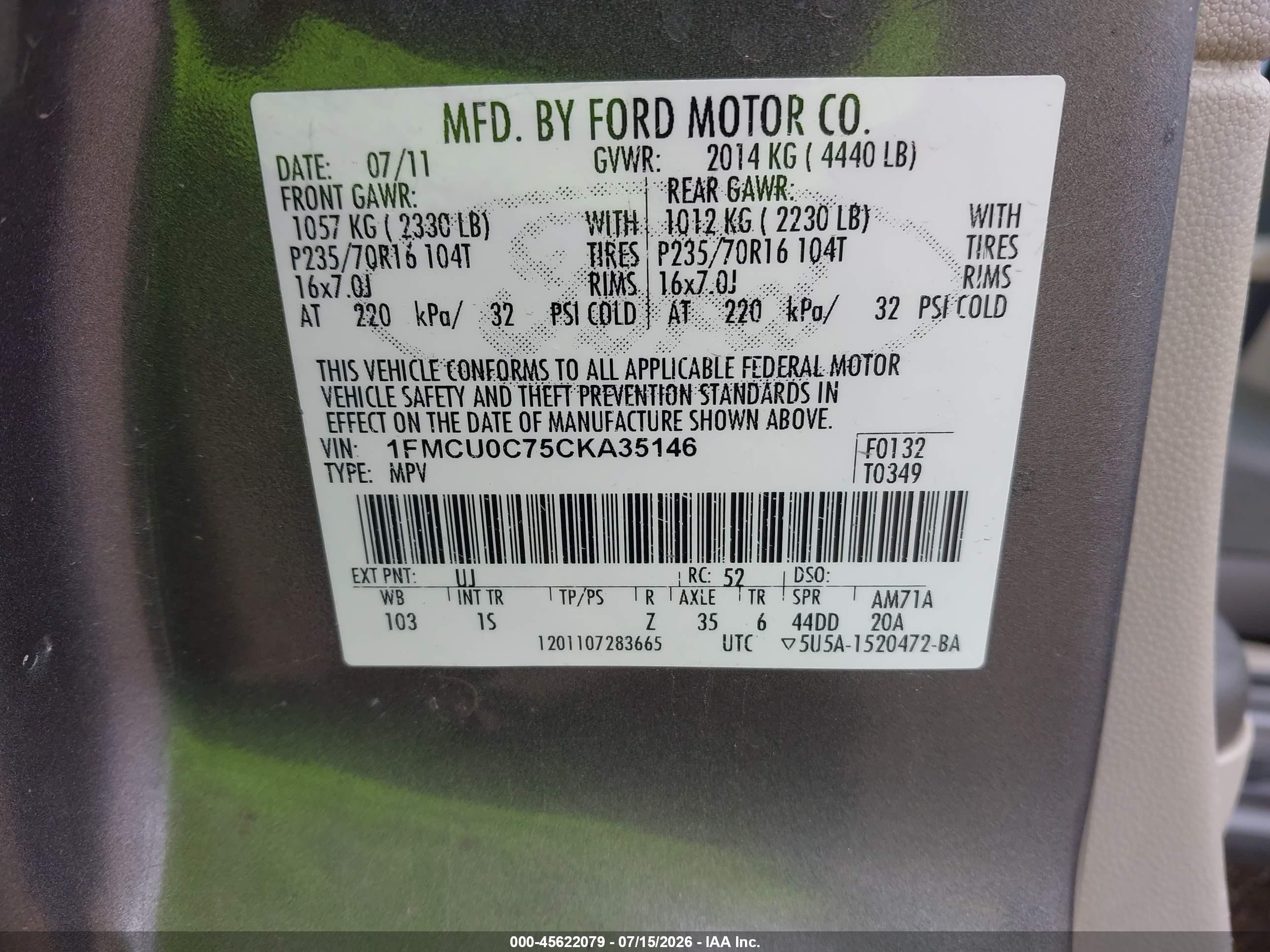 2012 Ford Escape Xls Серый vin: 1FMCU0C75CKA35146