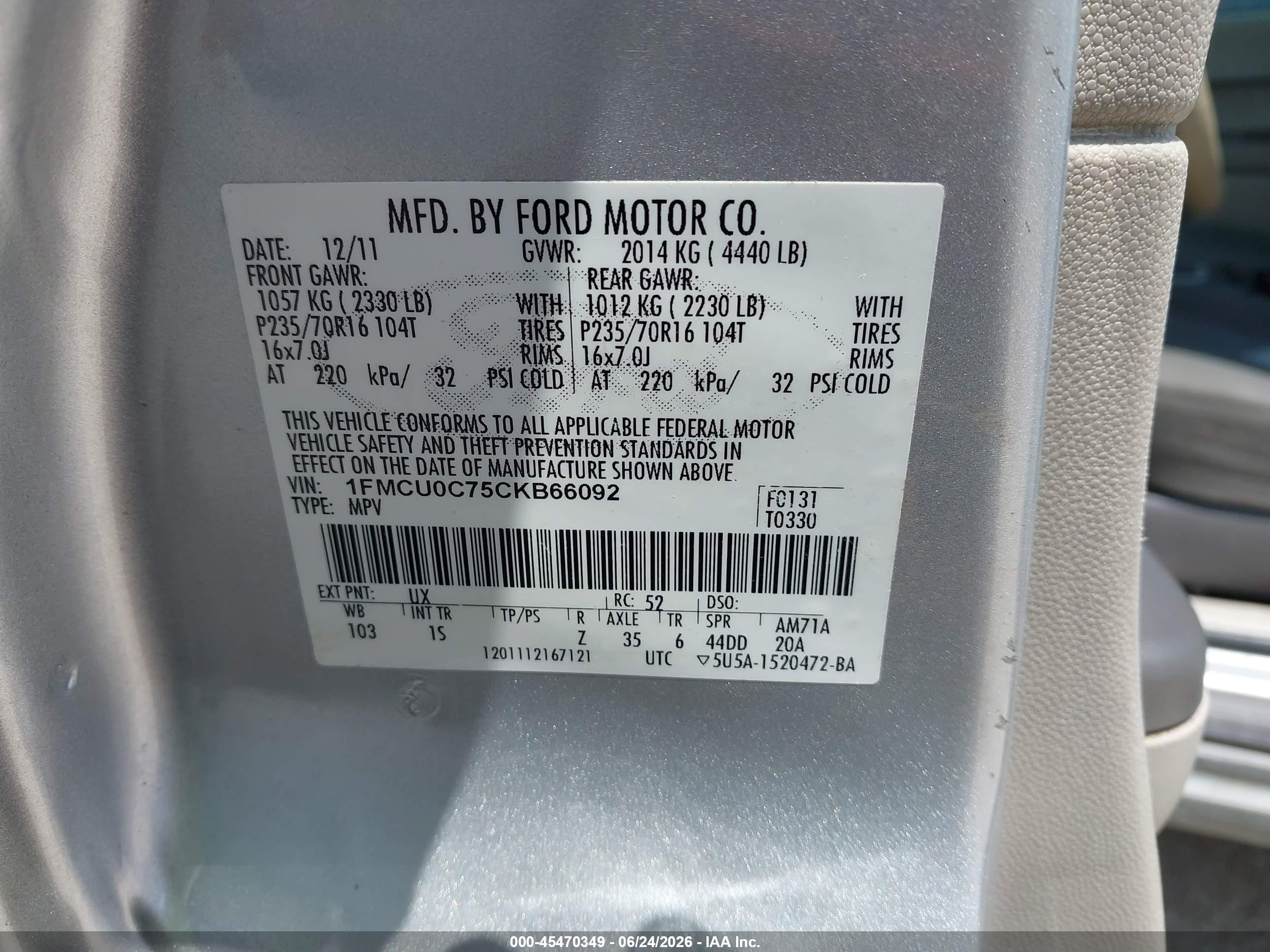 2012 Ford Escape Xls Silver vin: 1FMCU0C75CKB66092