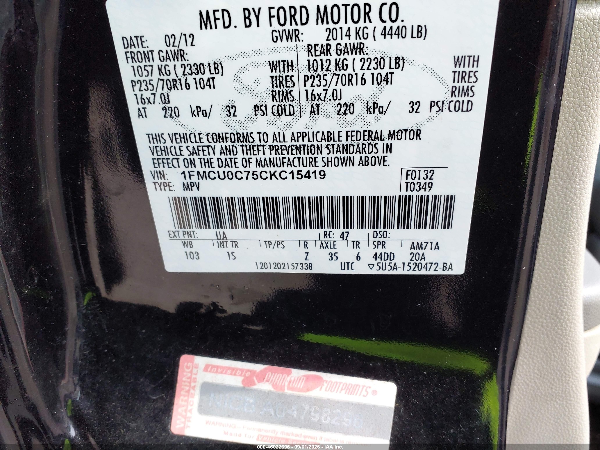 2012 Ford Escape Xls Black vin: 1FMCU0C75CKC15419