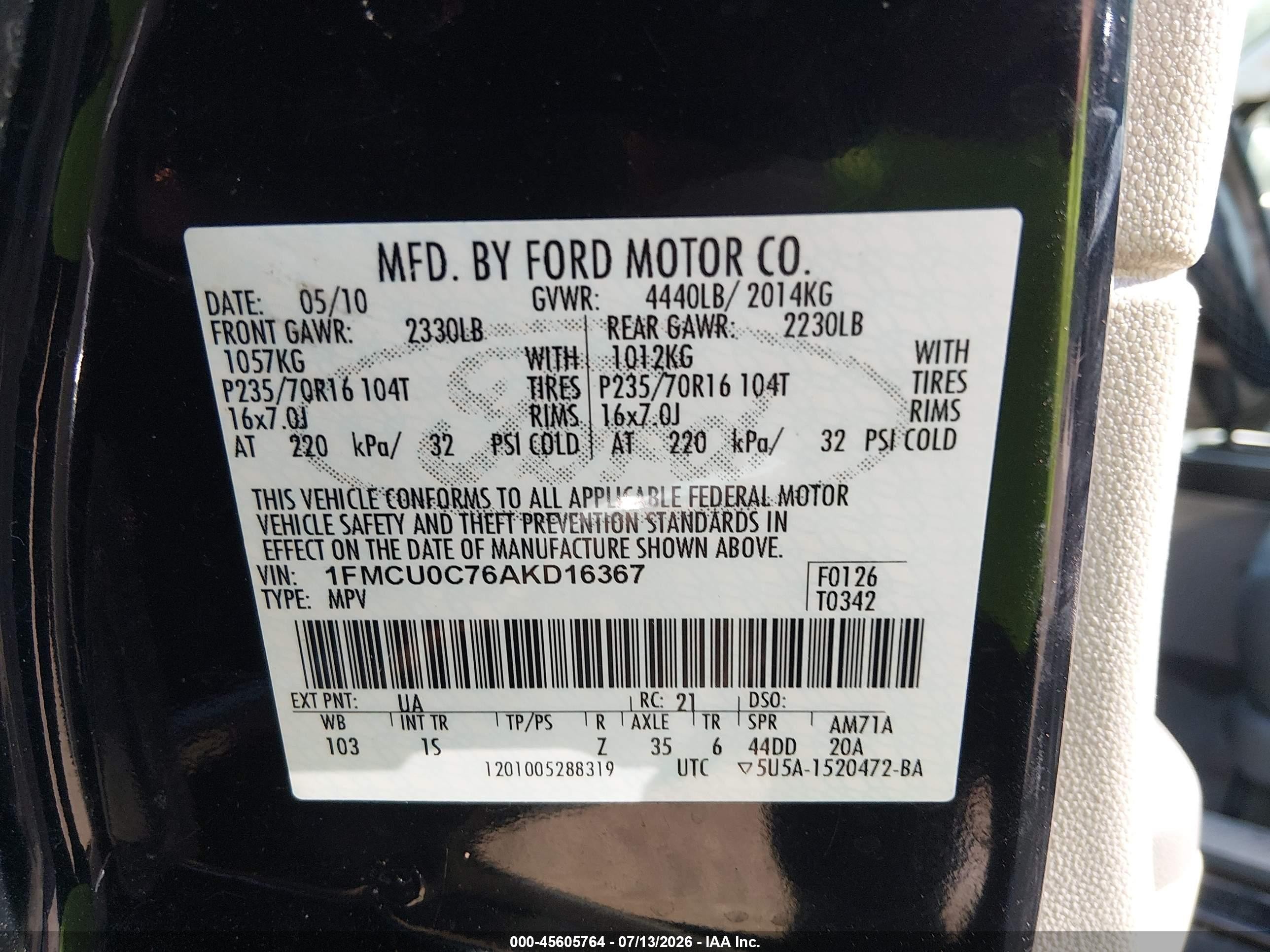 2010 Ford Escape Xls Black vin: 1FMCU0C76AKD16367
