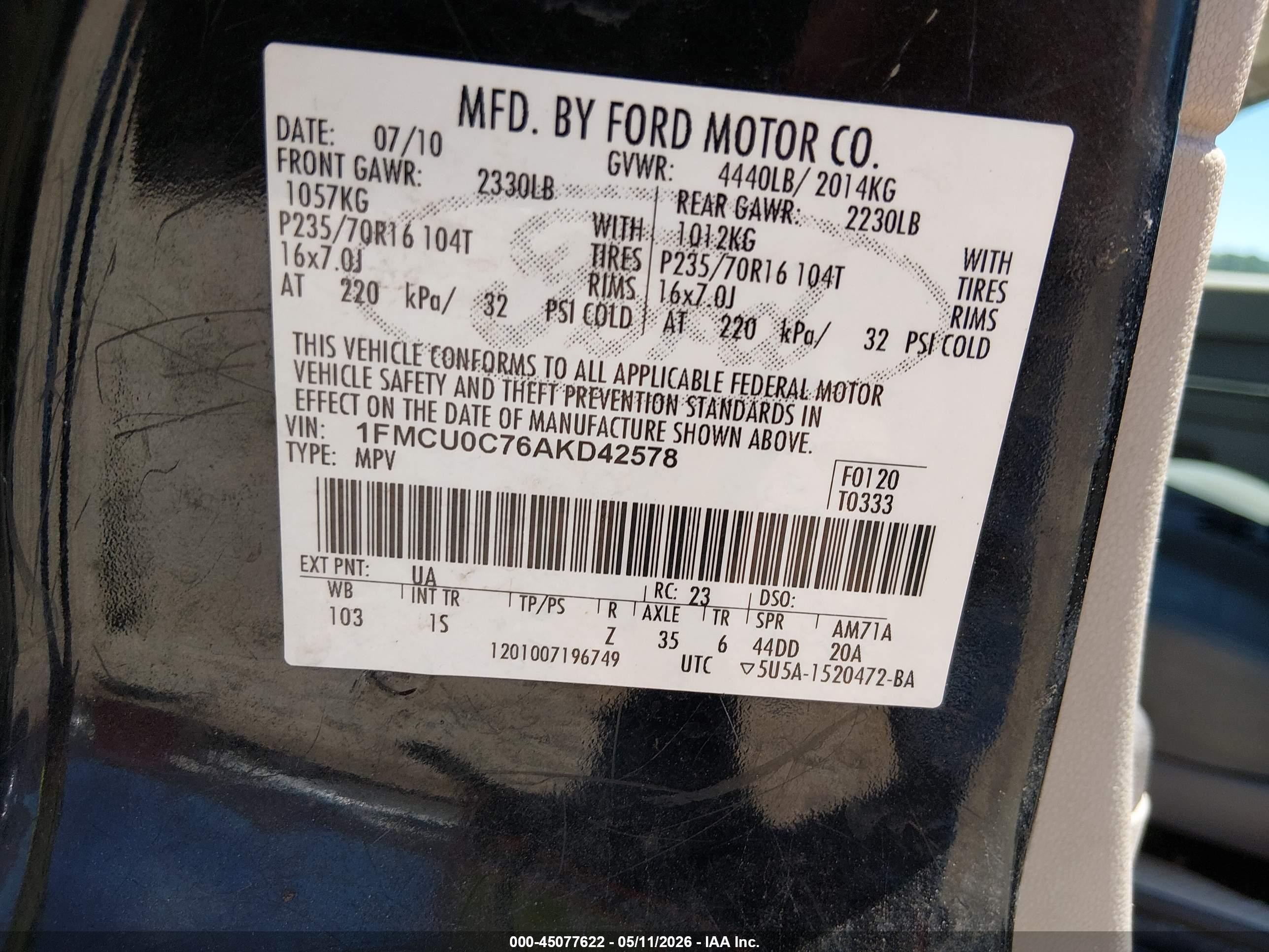 2010 Ford Escape Xls Black vin: 1FMCU0C76AKD42578