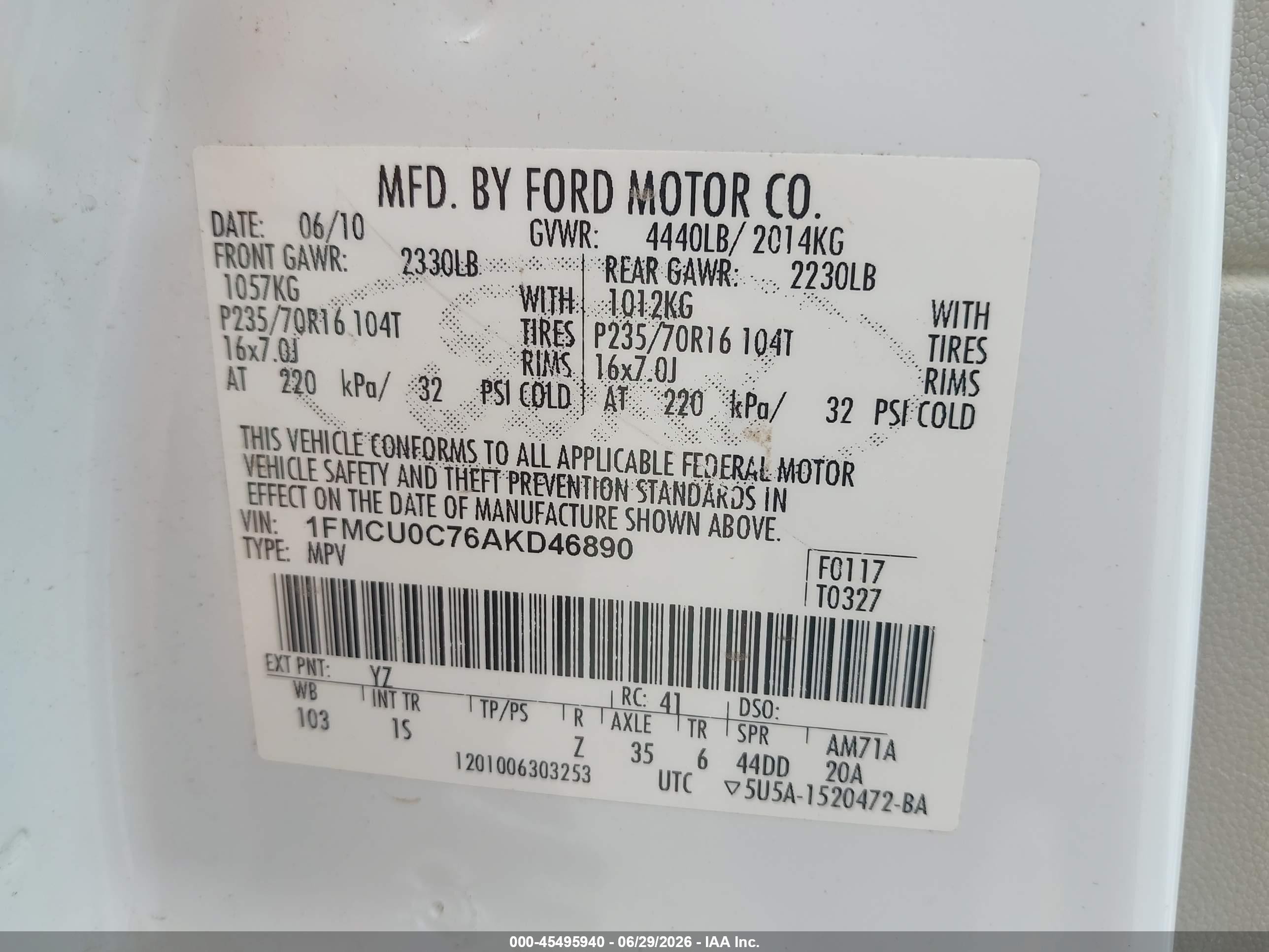 2010 Ford Escape Xls White vin: 1FMCU0C76AKD46890