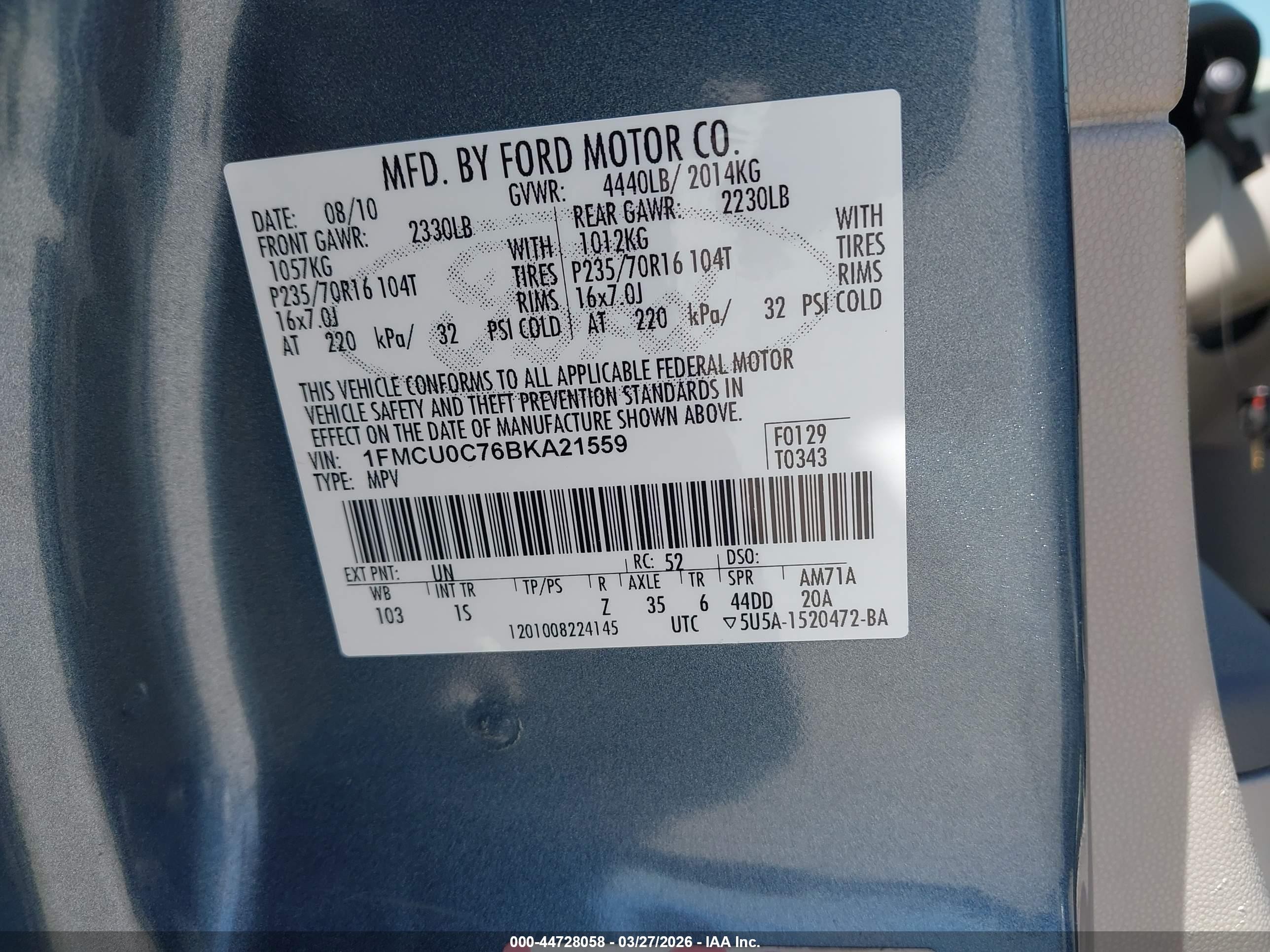 2011 Ford Escape Xls Blue vin: 1FMCU0C76BKA21559