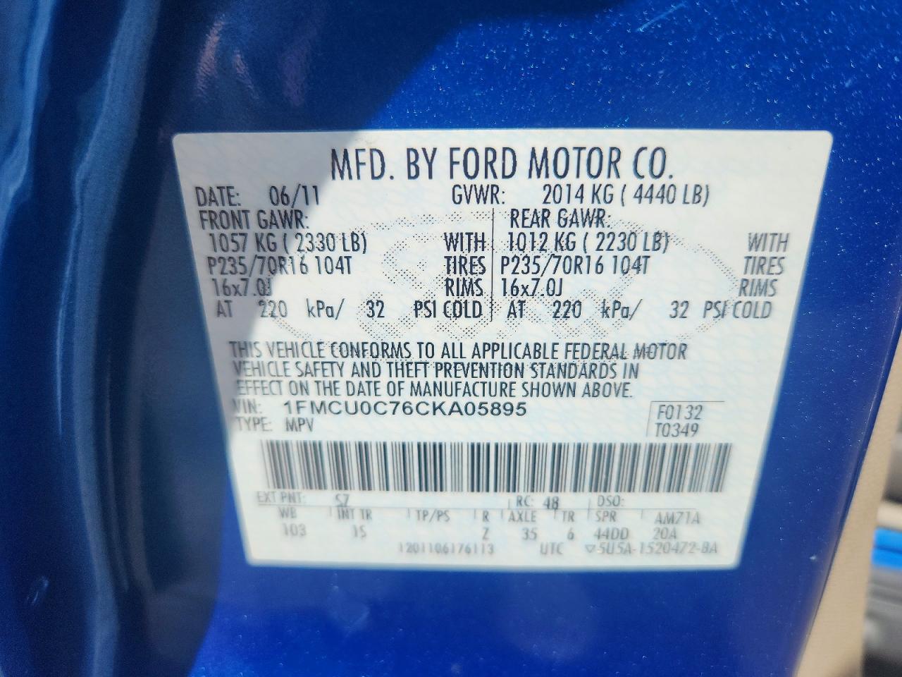 2012 Ford Escape Xls Blue vin: 1FMCU0C76CKA05895