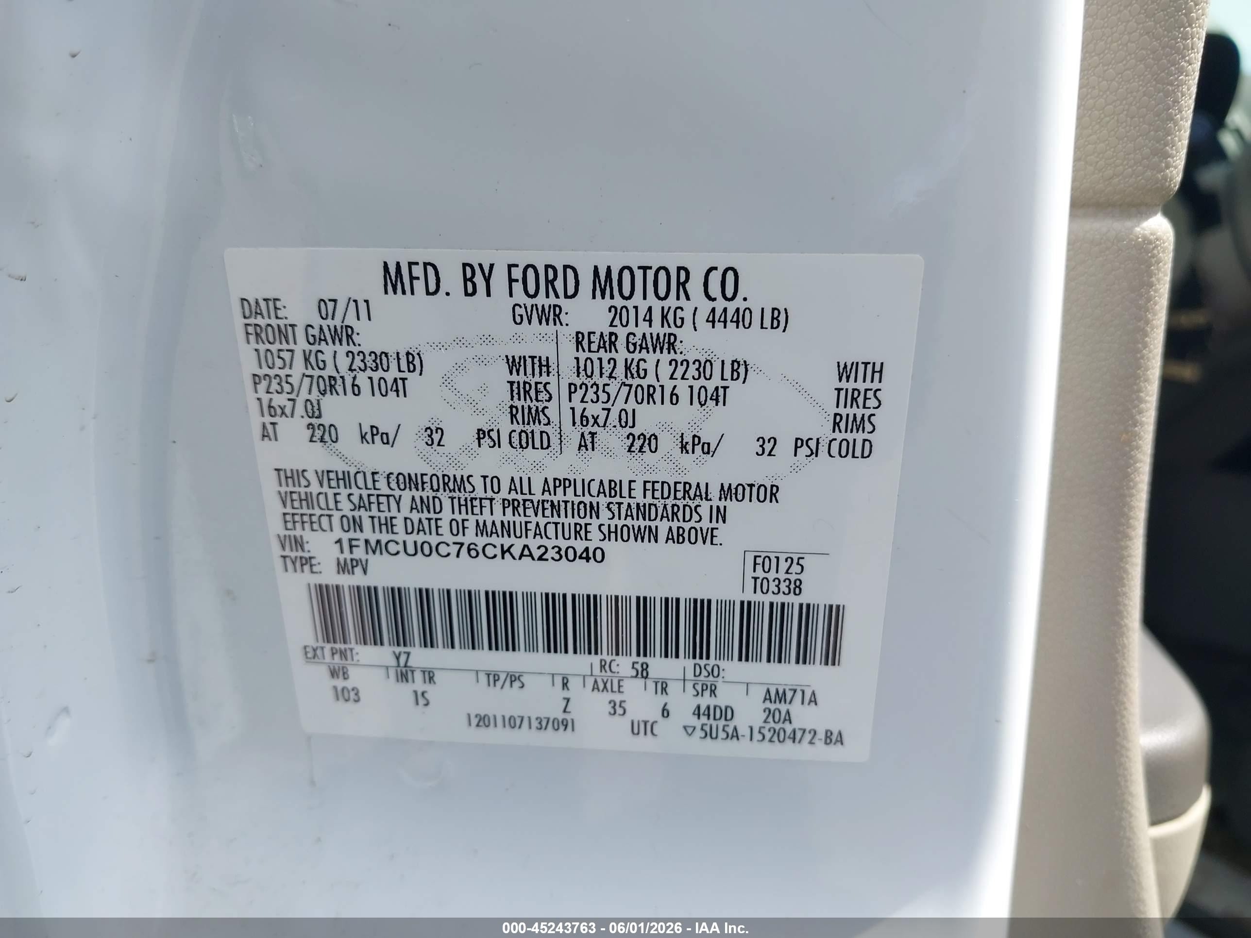 2012 Ford Escape Xls White vin: 1FMCU0C76CKA23040