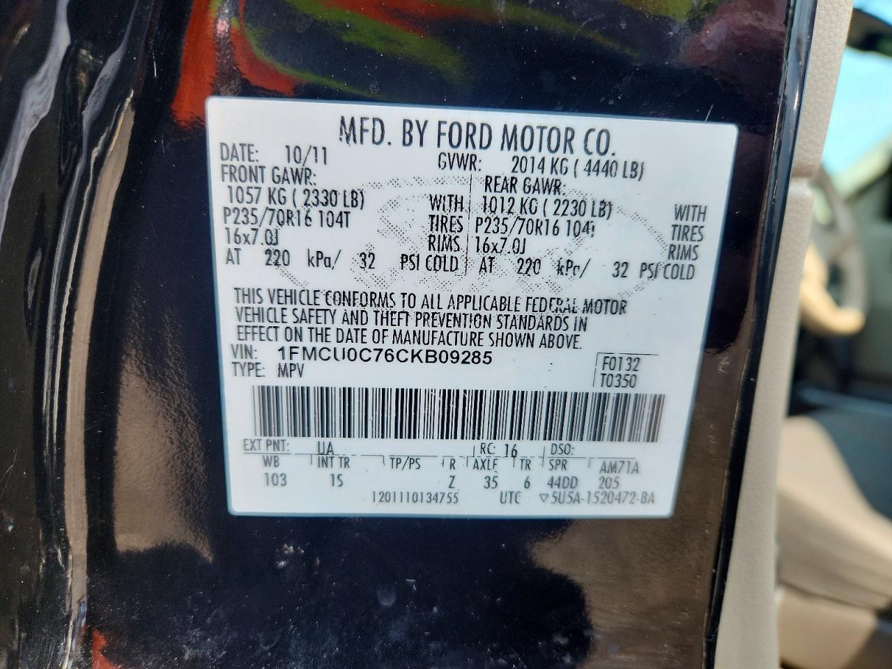 2012 Ford Escape Xls Black vin: 1FMCU0C76CKB09285