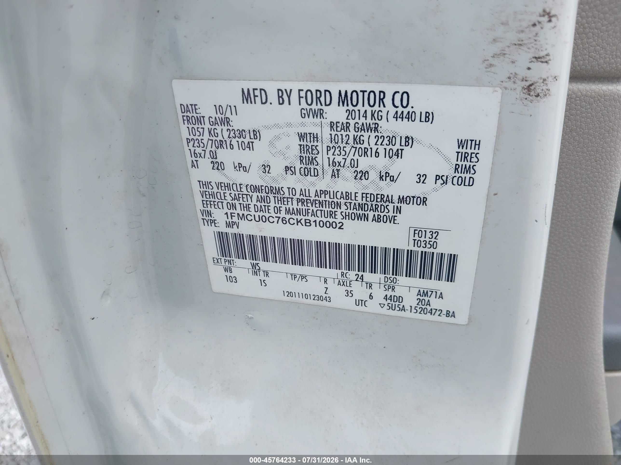 2012 Ford Escape Xls White vin: 1FMCU0C76CKB10002