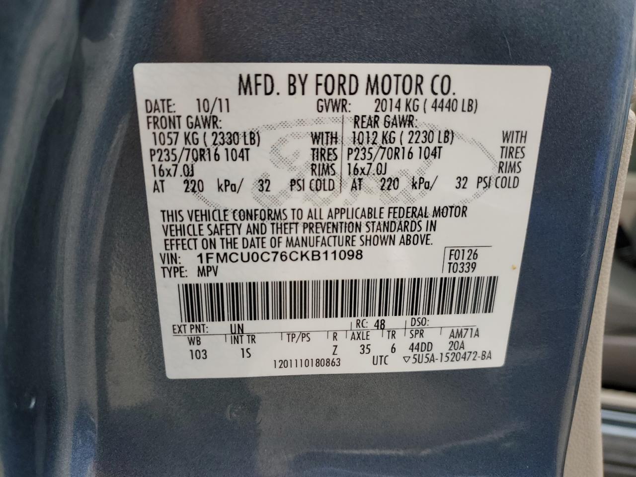 2012 Ford Escape Xls Blue vin: 1FMCU0C76CKB11098
