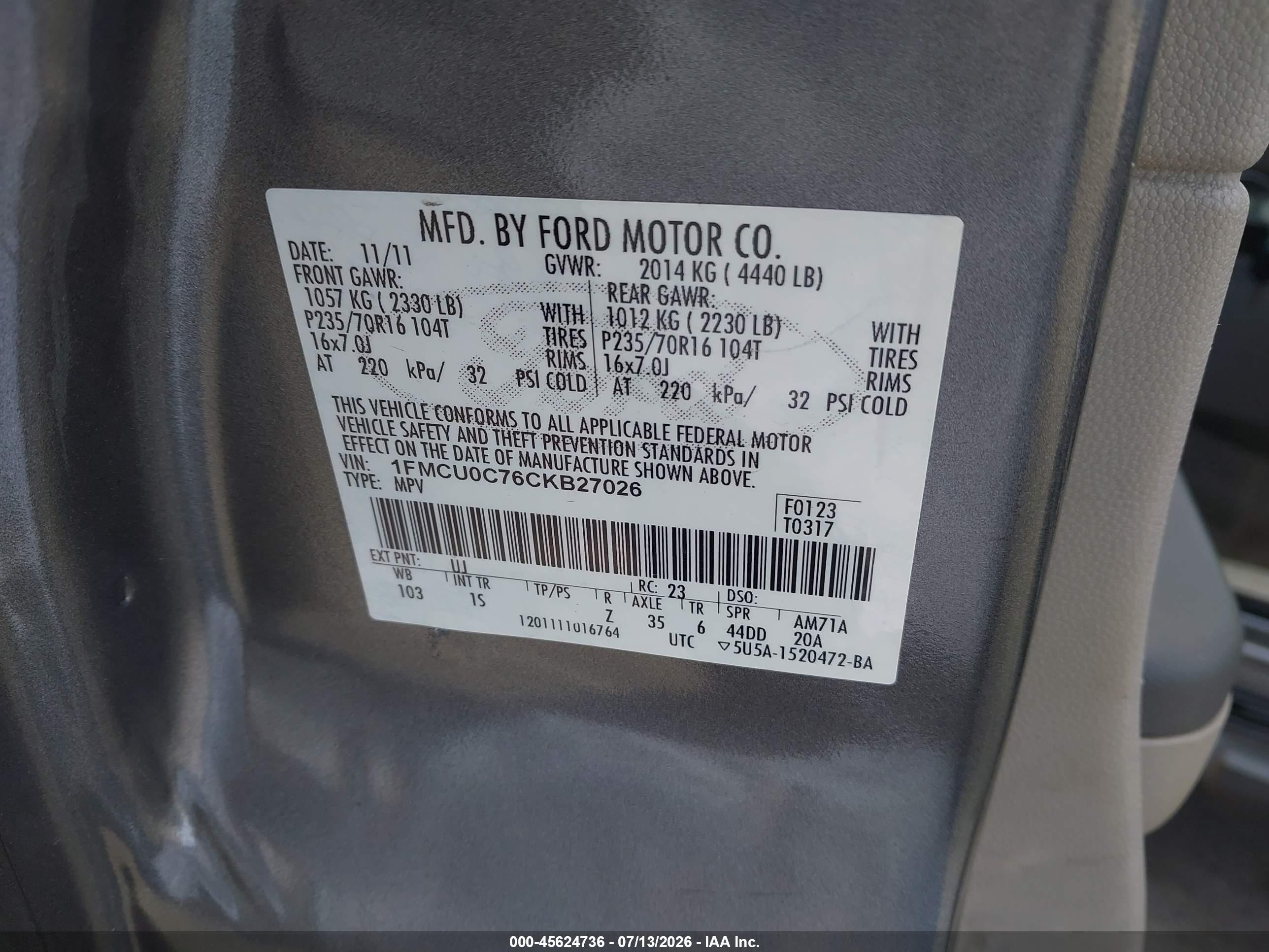 2012 Ford Escape Xls Gray vin: 1FMCU0C76CKB27026