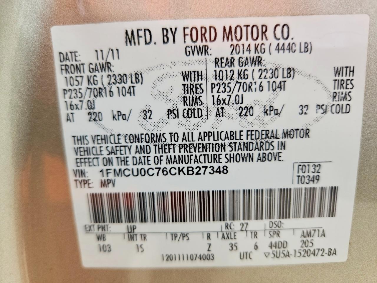 2012 Ford Escape Xls Gold vin: 1FMCU0C76CKB27348