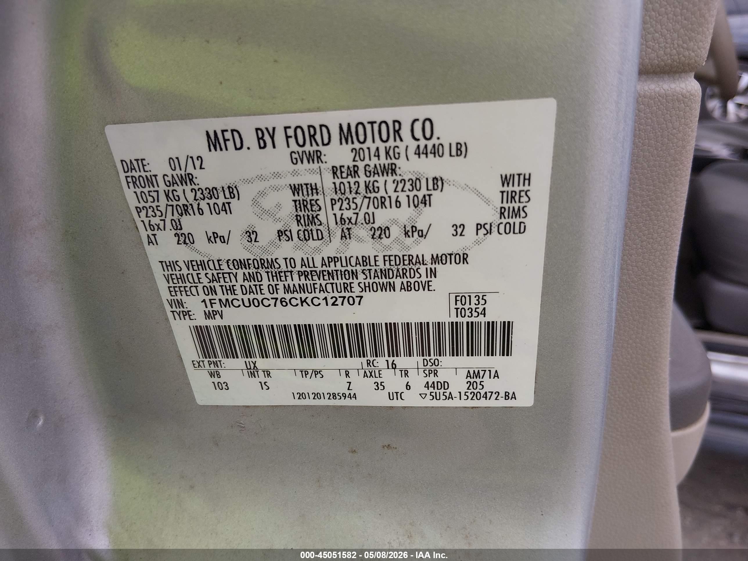 2012 Ford Escape Xls Silver vin: 1FMCU0C76CKC12707