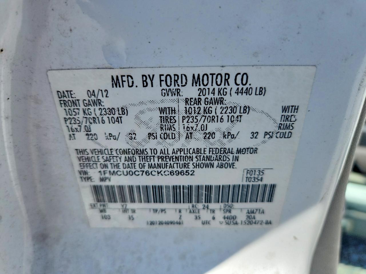 2012 Ford Escape Xls White vin: 1FMCU0C76CKC69652