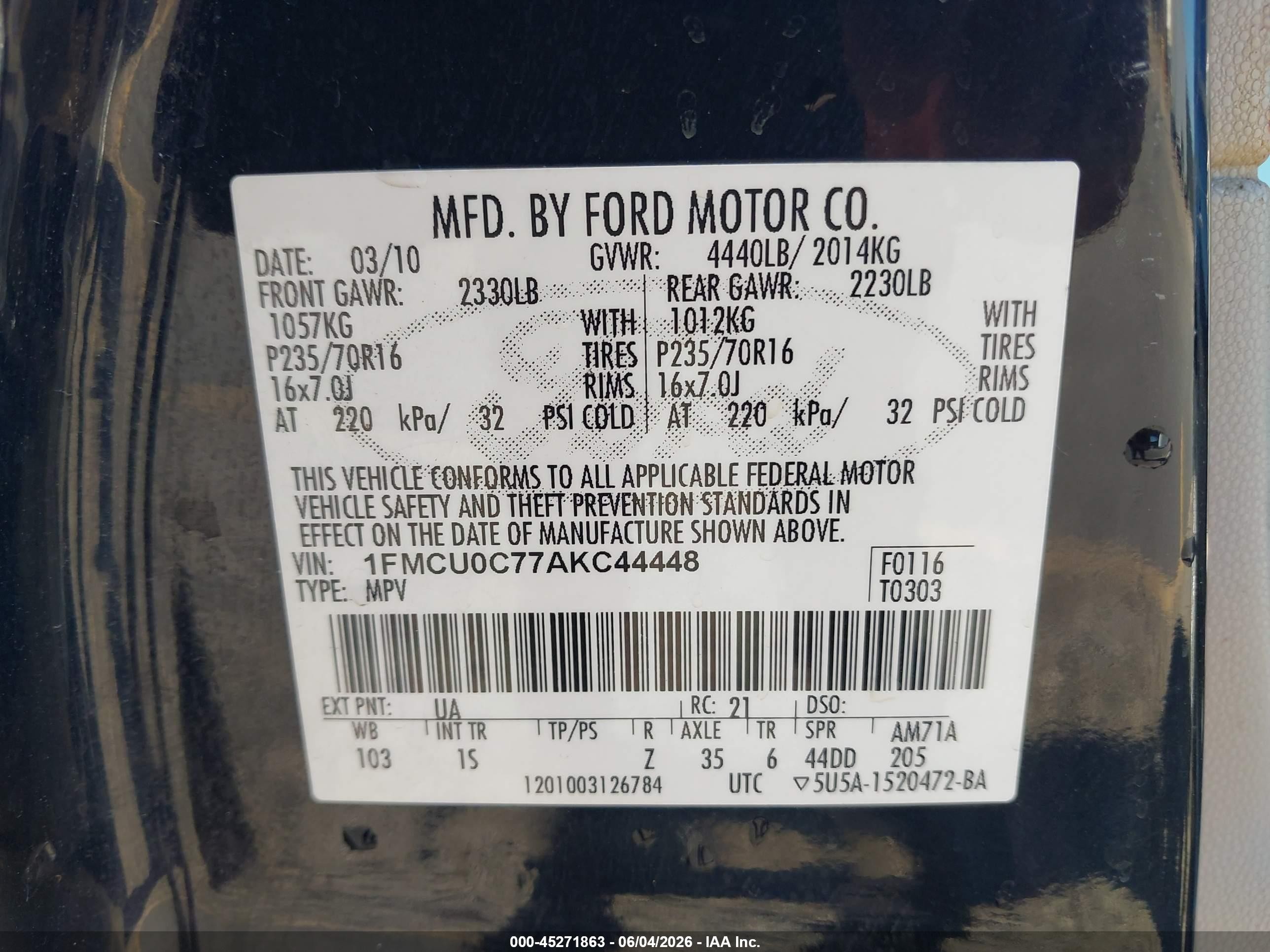 2010 Ford Escape Xls Black vin: 1FMCU0C77AKC44448