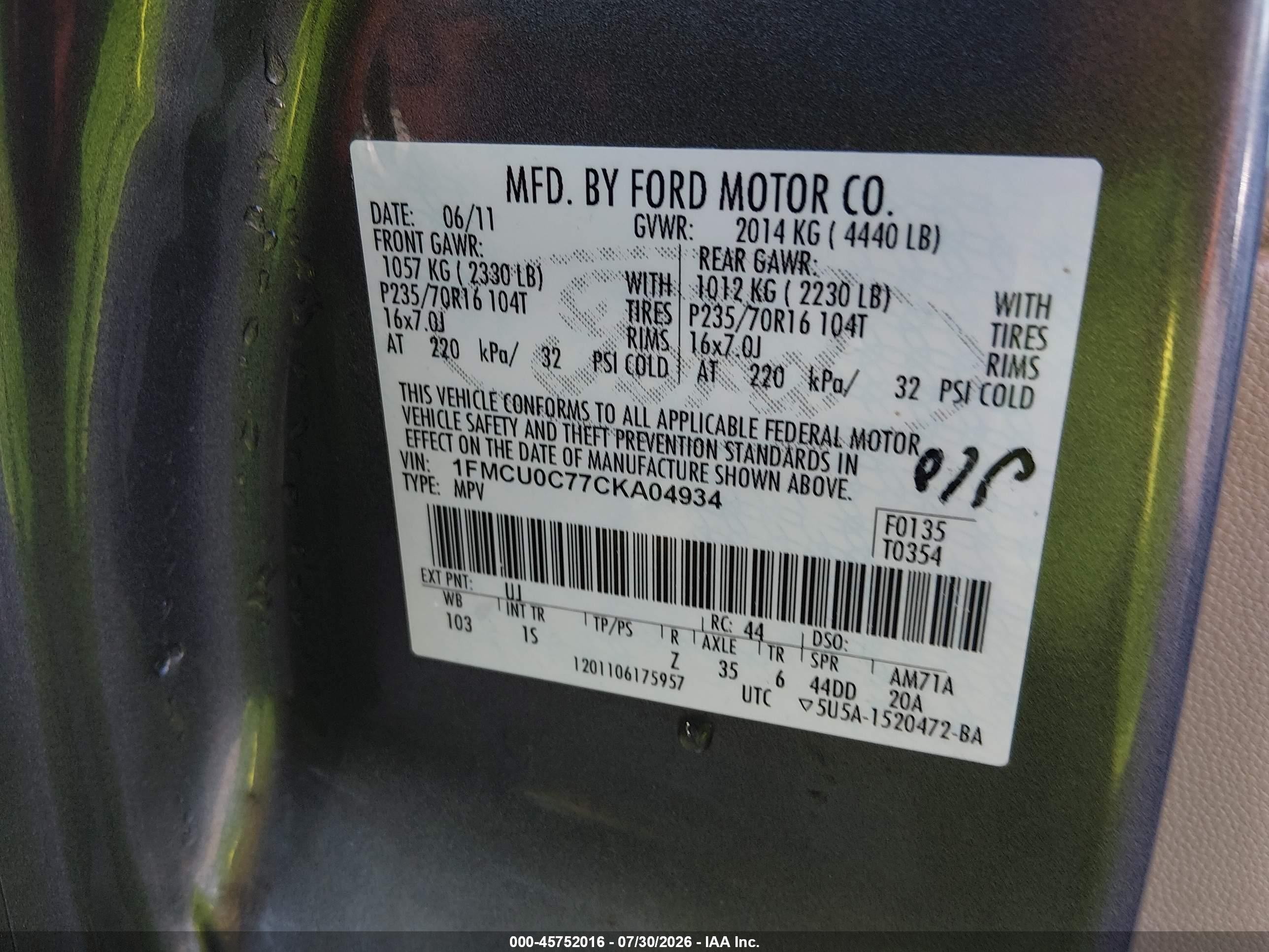 2012 Ford Escape Xls Gray vin: 1FMCU0C77CKA04934