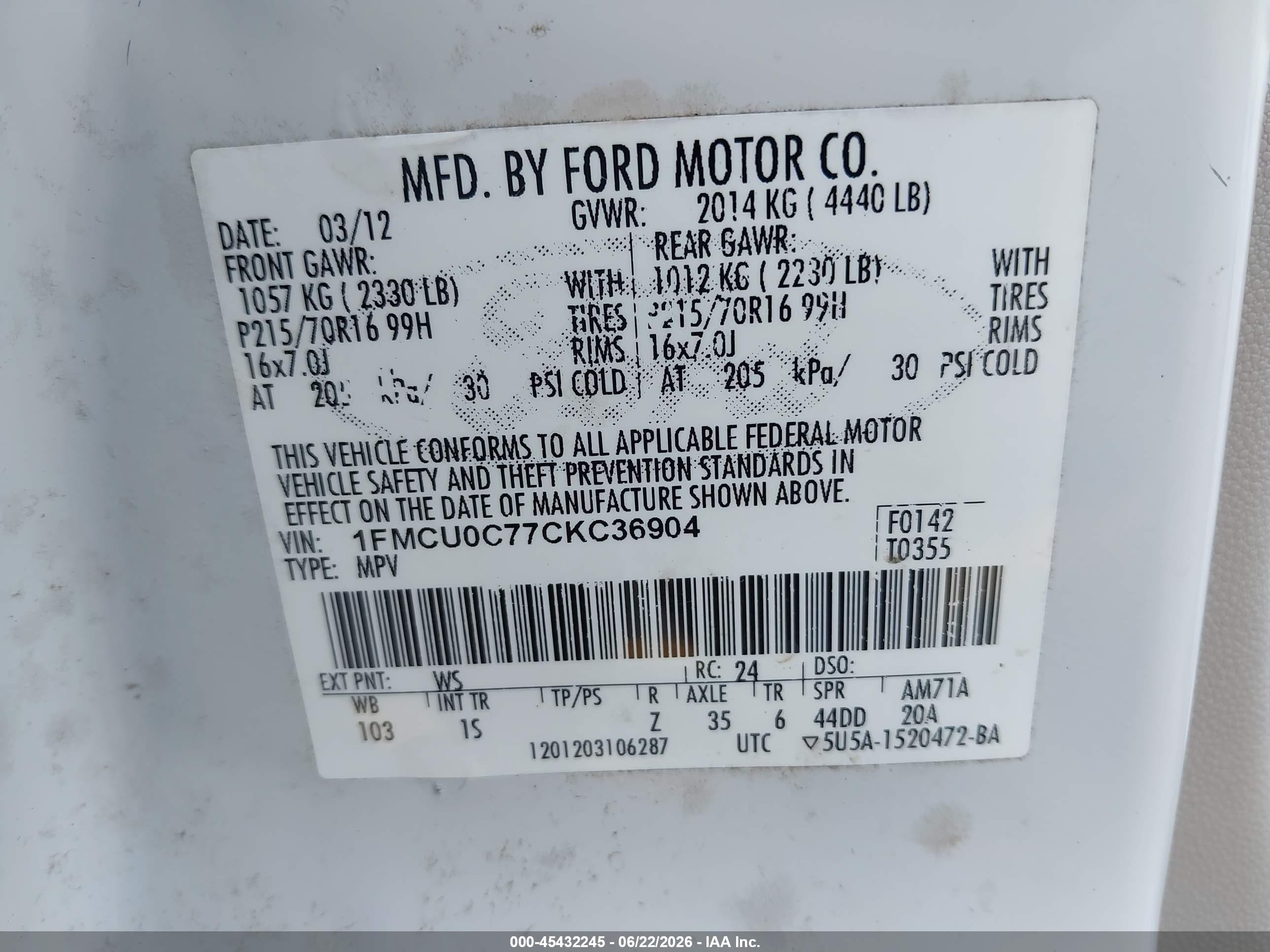 2012 Ford Escape Xls White vin: 1FMCU0C77CKC36904
