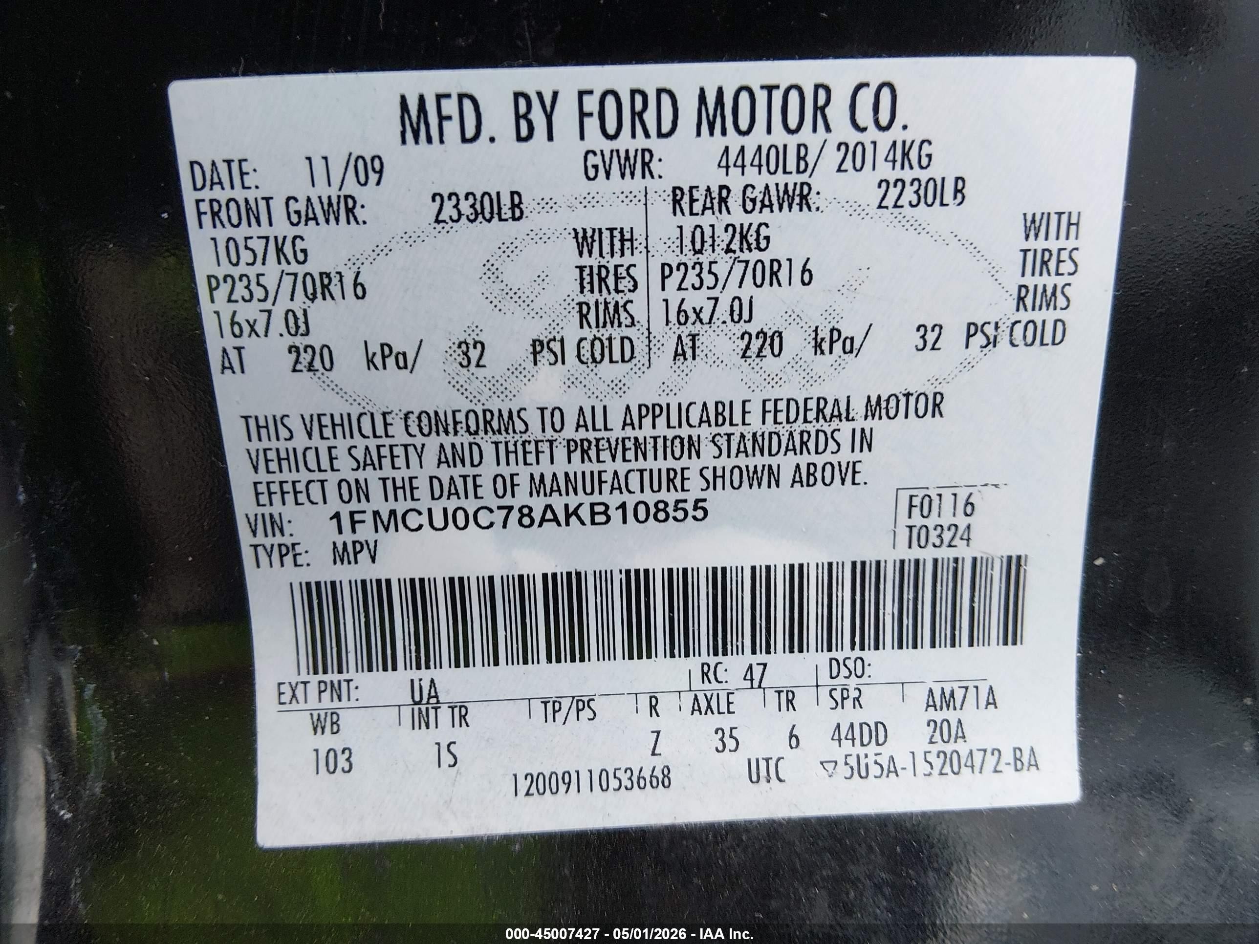 2010 Ford Escape Xls Black vin: 1FMCU0C78AKB10855