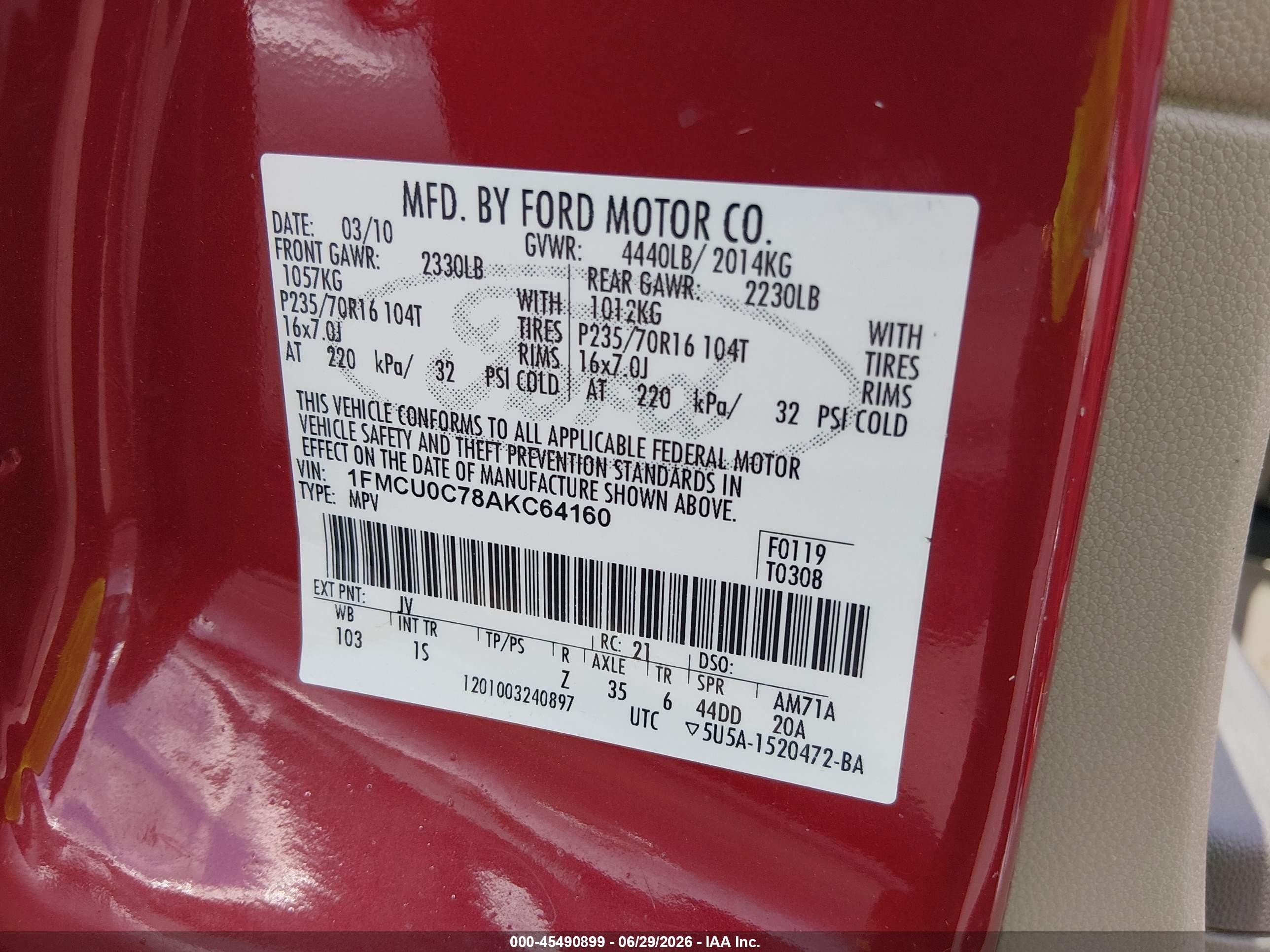 2010 Ford Escape Xls Red vin: 1FMCU0C78AKC64160