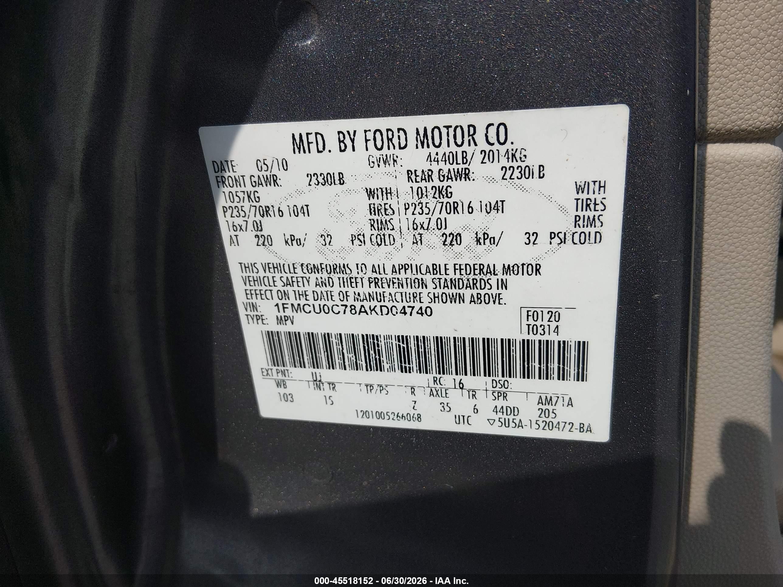 2010 Ford Escape Xls Gray vin: 1FMCU0C78AKD04740