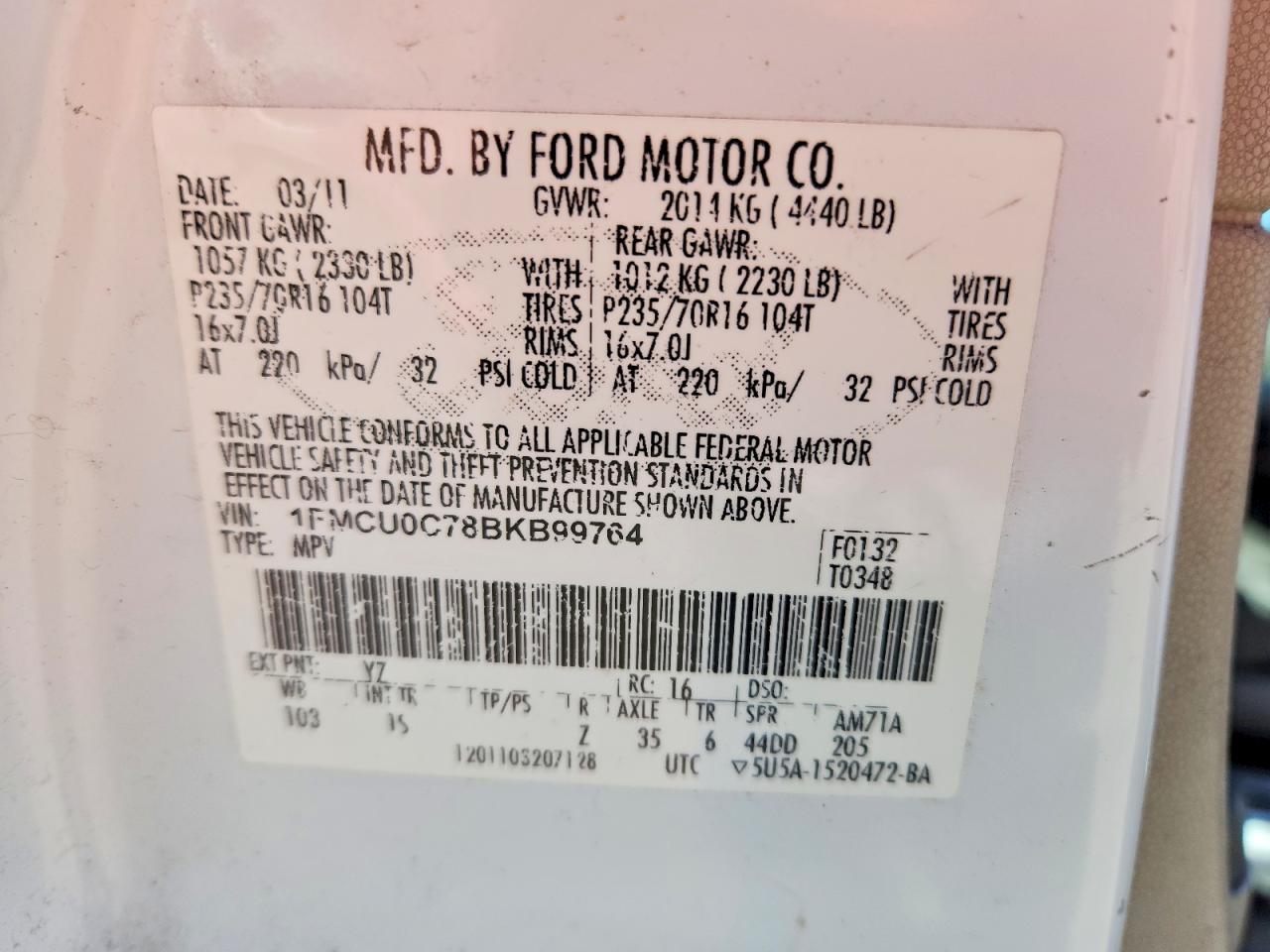 2011 Ford Escape Xls Белый vin: 1FMCU0C78BKB99764