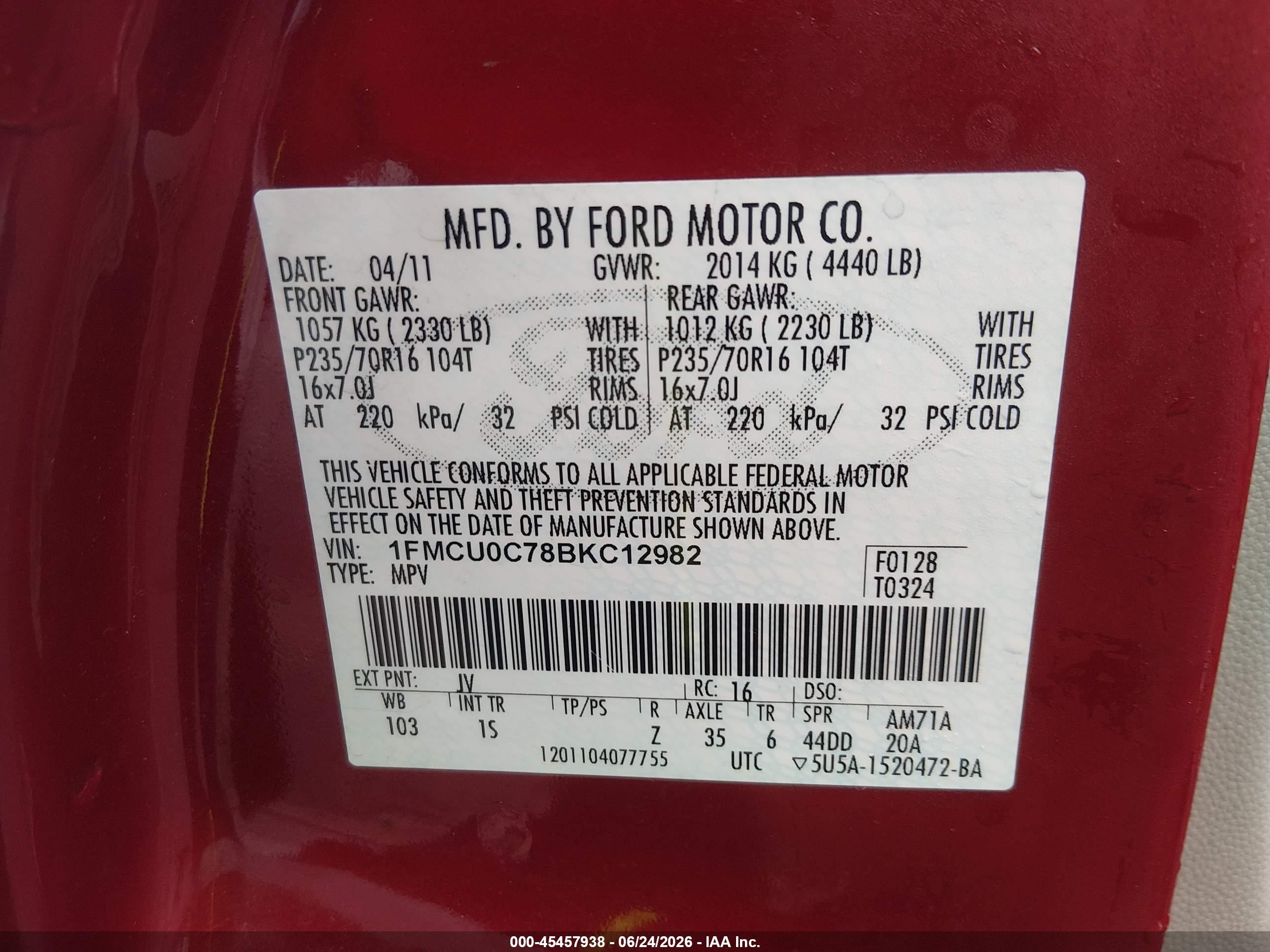 2011 Ford Escape Xls Red vin: 1FMCU0C78BKC12982