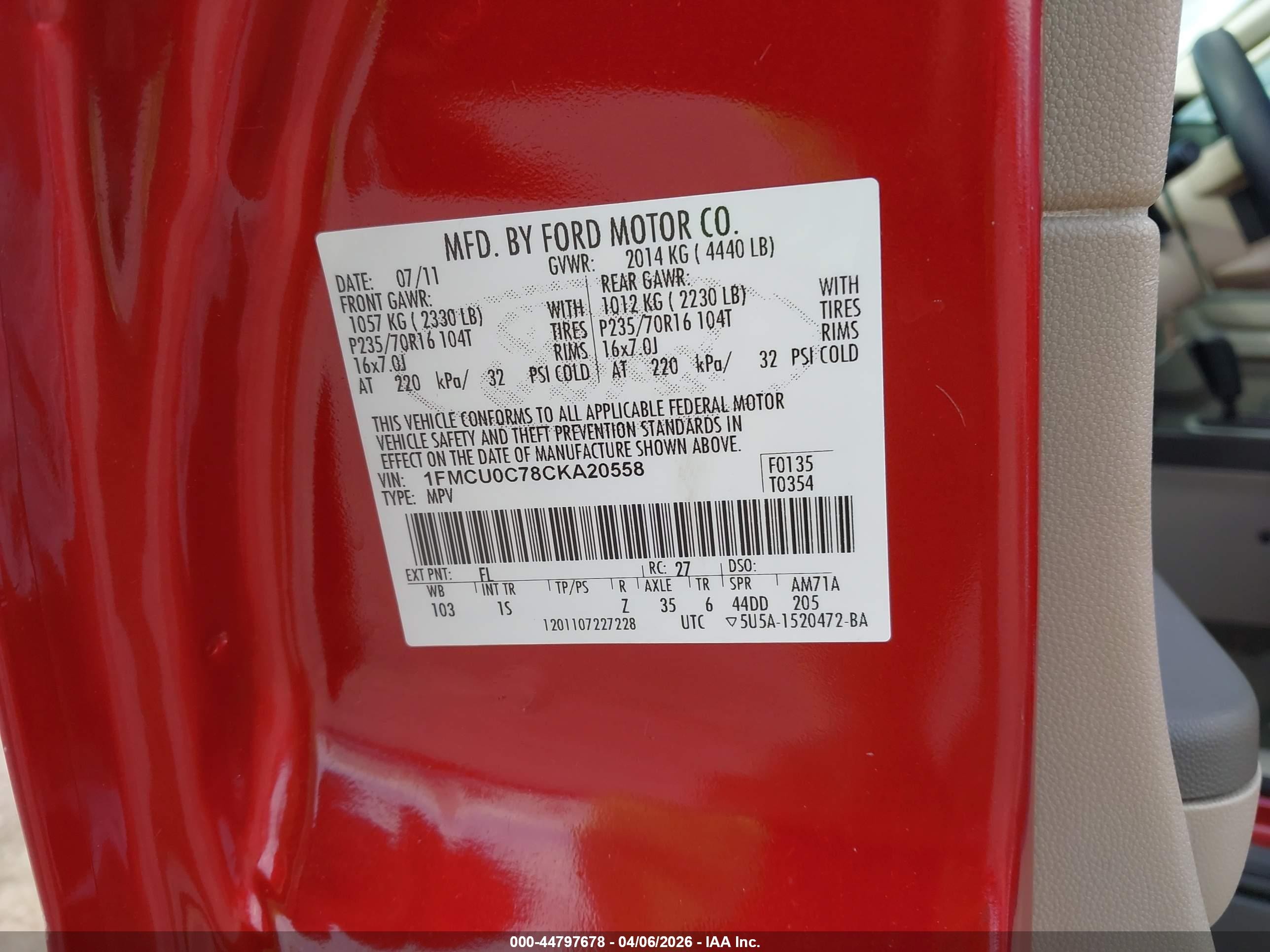 2012 Ford Escape Xls Red vin: 1FMCU0C78CKA20558