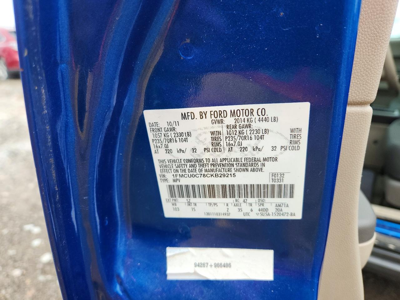 2012 Ford Escape Xls Blue vin: 1FMCU0C78CKB29215