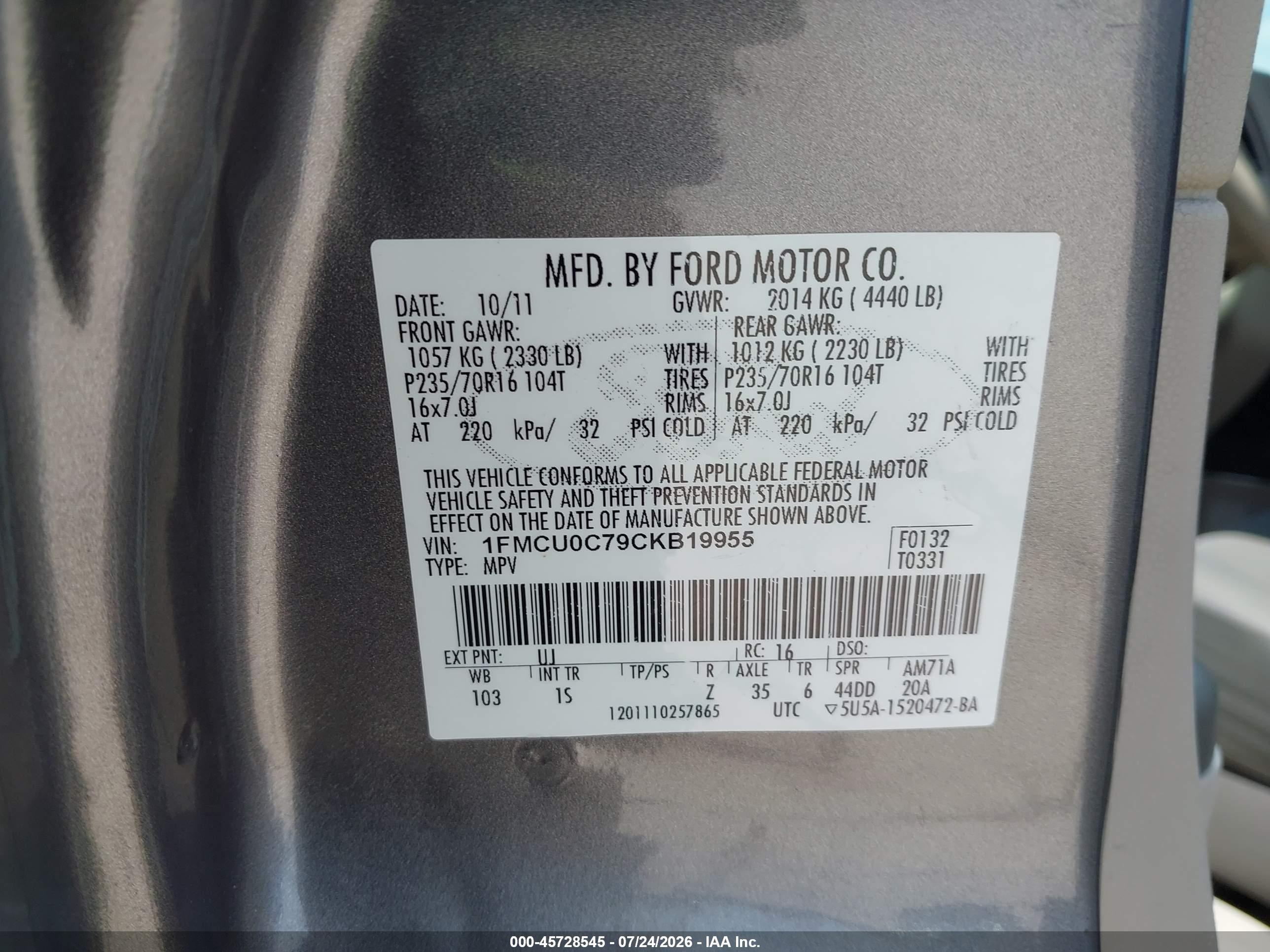 2012 Ford Escape Xls Gray vin: 1FMCU0C79CKB19955