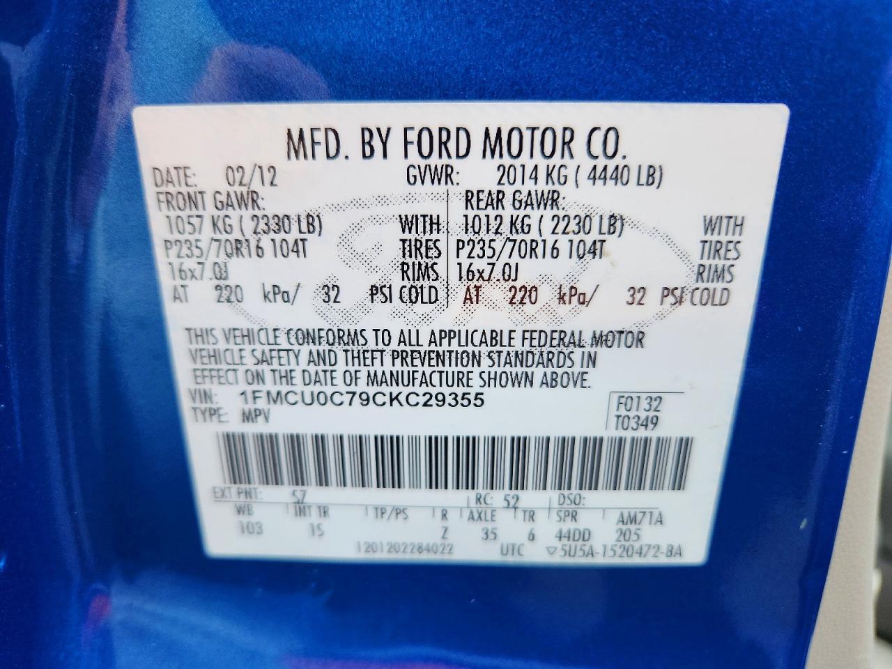 2012 Ford Escape Xls Blue vin: 1FMCU0C79CKC29355