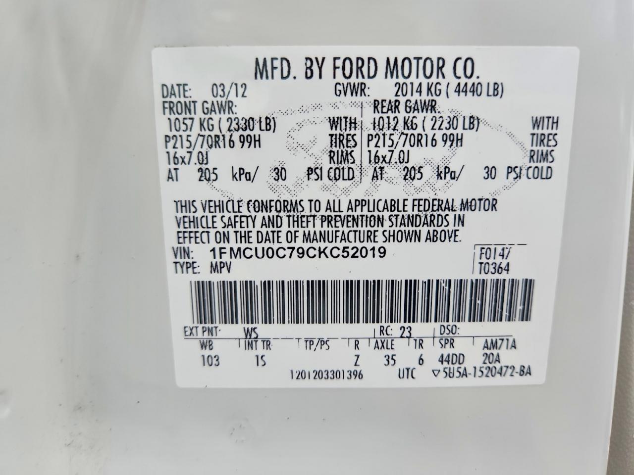 2012 Ford Escape Xls White vin: 1FMCU0C79CKC52019