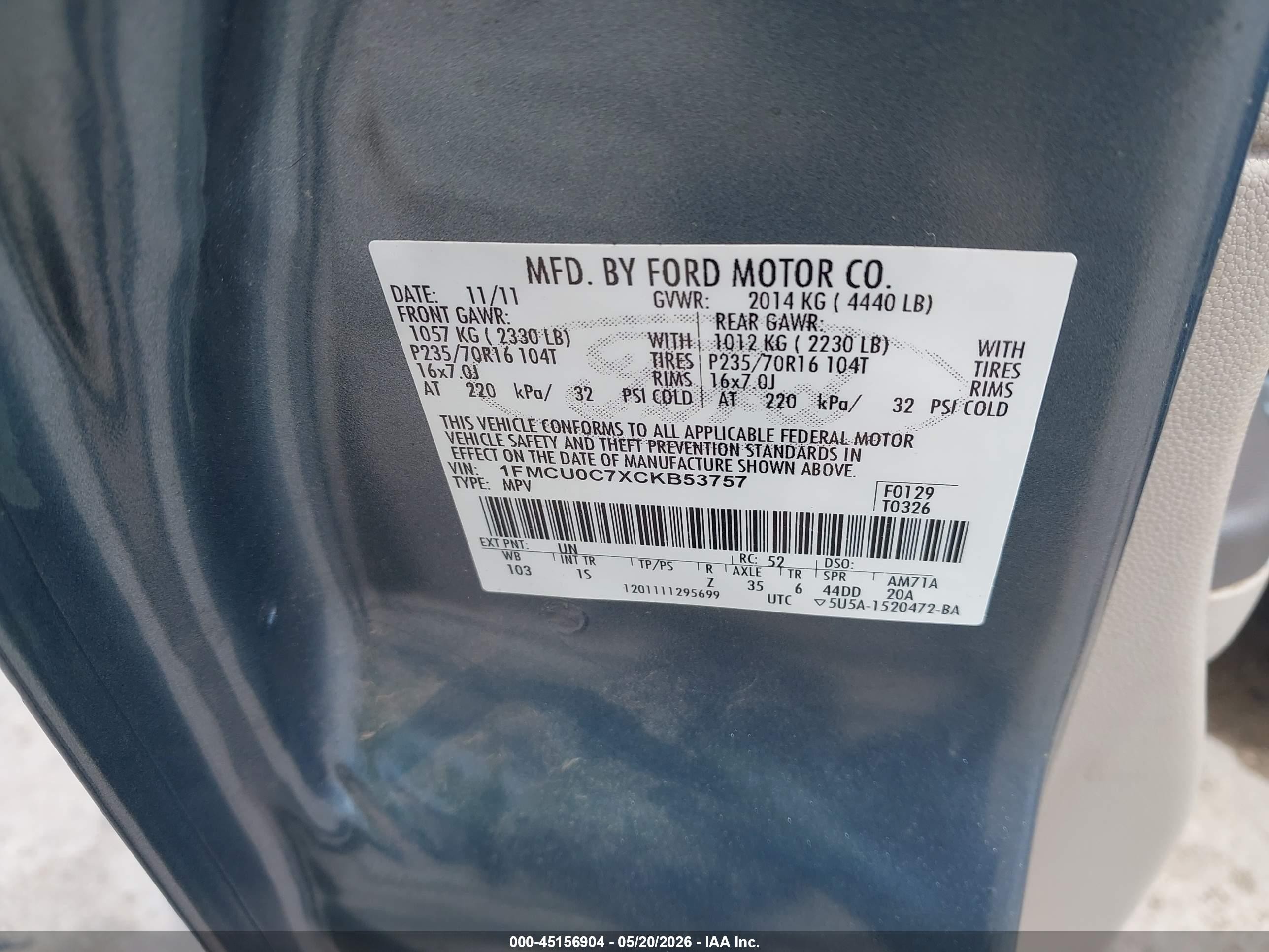 2012 Ford Escape Xls Blue vin: 1FMCU0C7XCKB53757