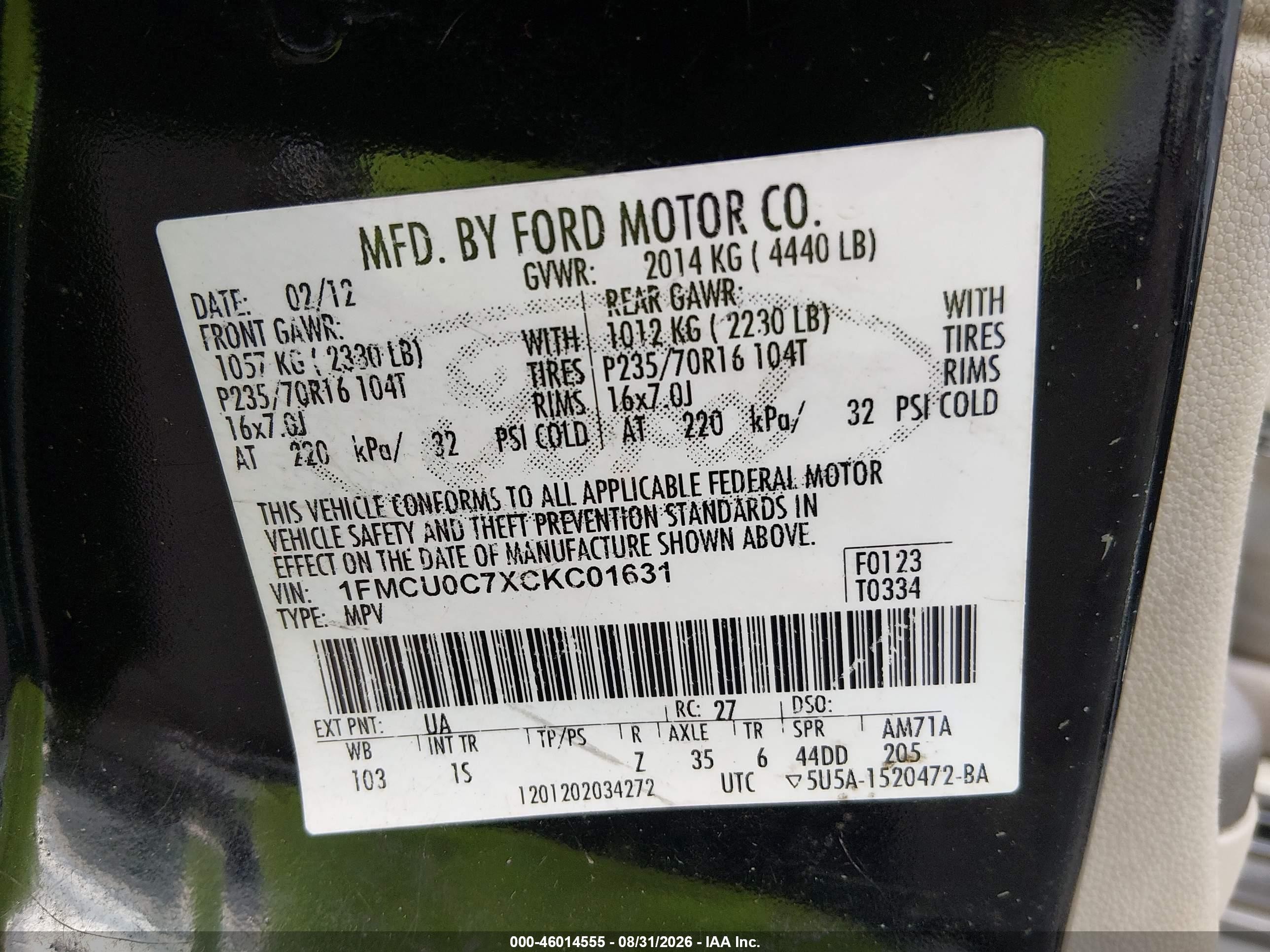 2012 Ford Escape Xls Black vin: 1FMCU0C7XCKC01631