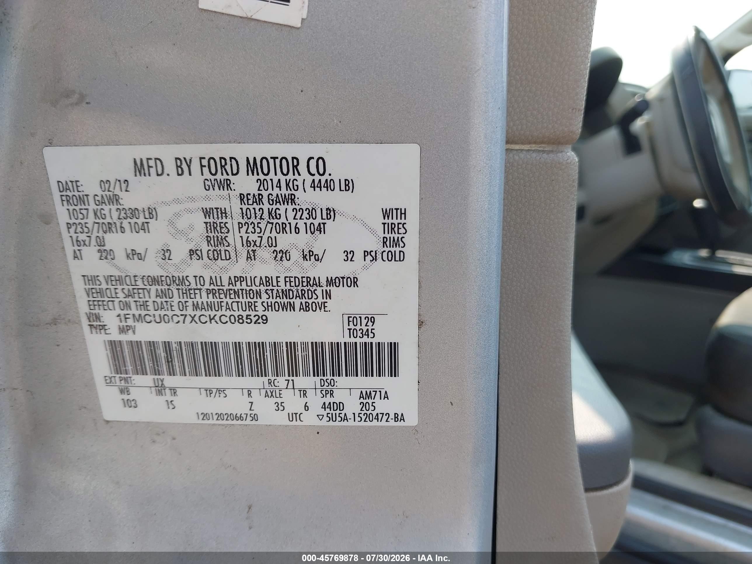 2012 Ford Escape Xls Silver vin: 1FMCU0C7XCKC08529