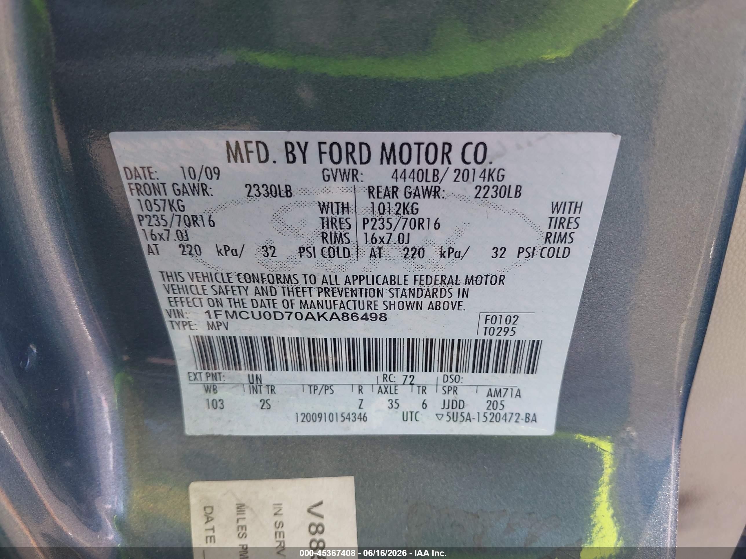 2010 Ford Escape Xlt Green vin: 1FMCU0D70AKA86498