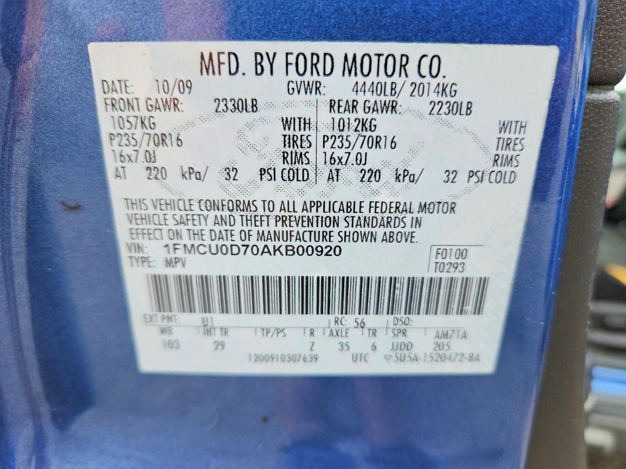 2010 Ford Escape Xlt Blue vin: 1FMCU0D70AKB00920