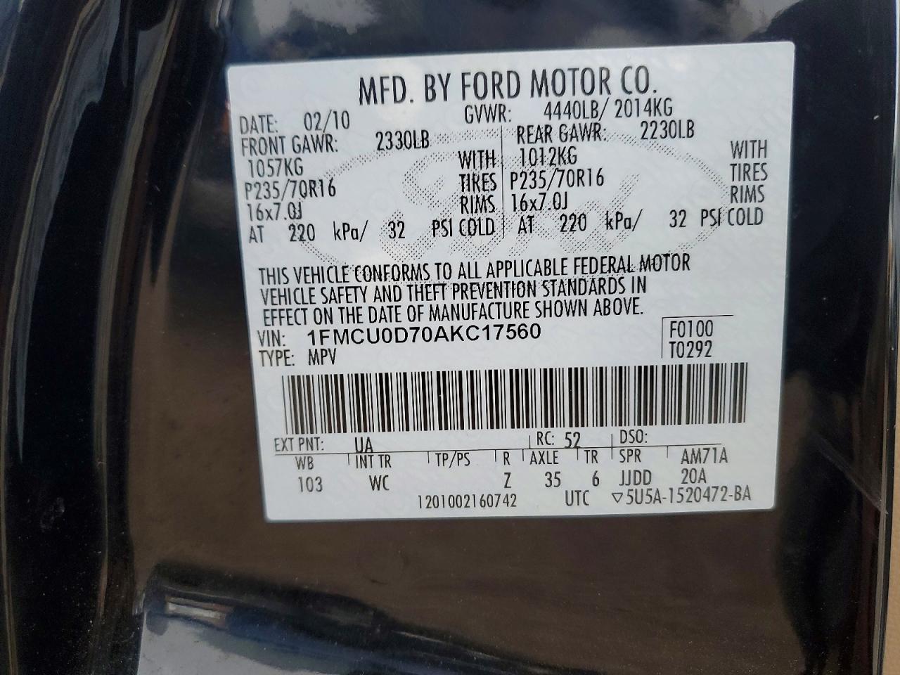 2010 Ford Escape Xlt Black vin: 1FMCU0D70AKC17560