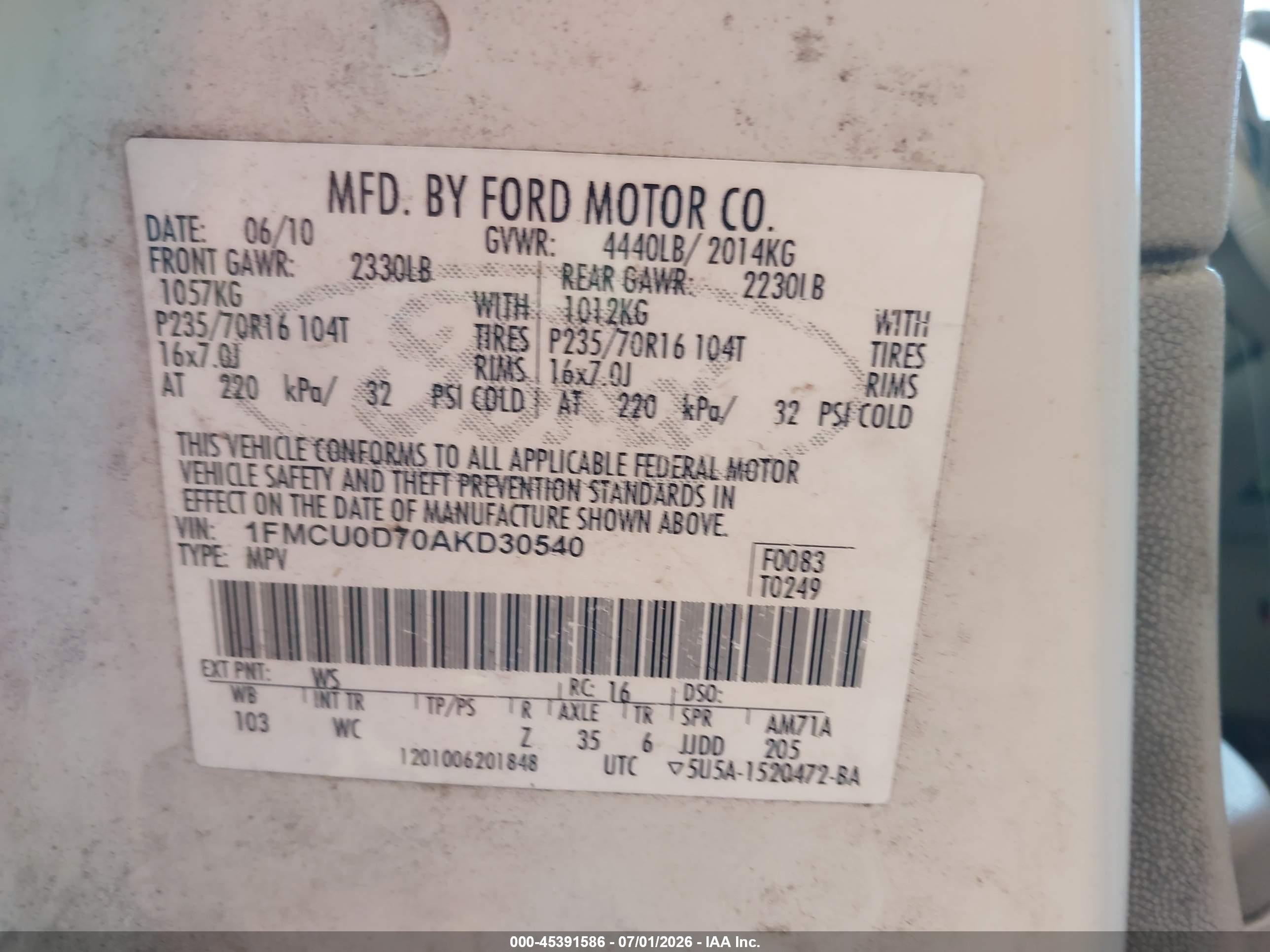 2010 Ford Escape Xlt White vin: 1FMCU0D70AKD30540