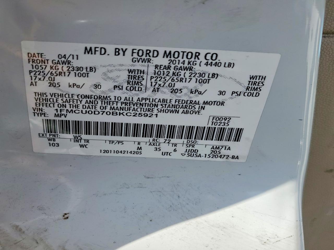 2011 Ford Escape Xlt White vin: 1FMCU0D70BKC25921