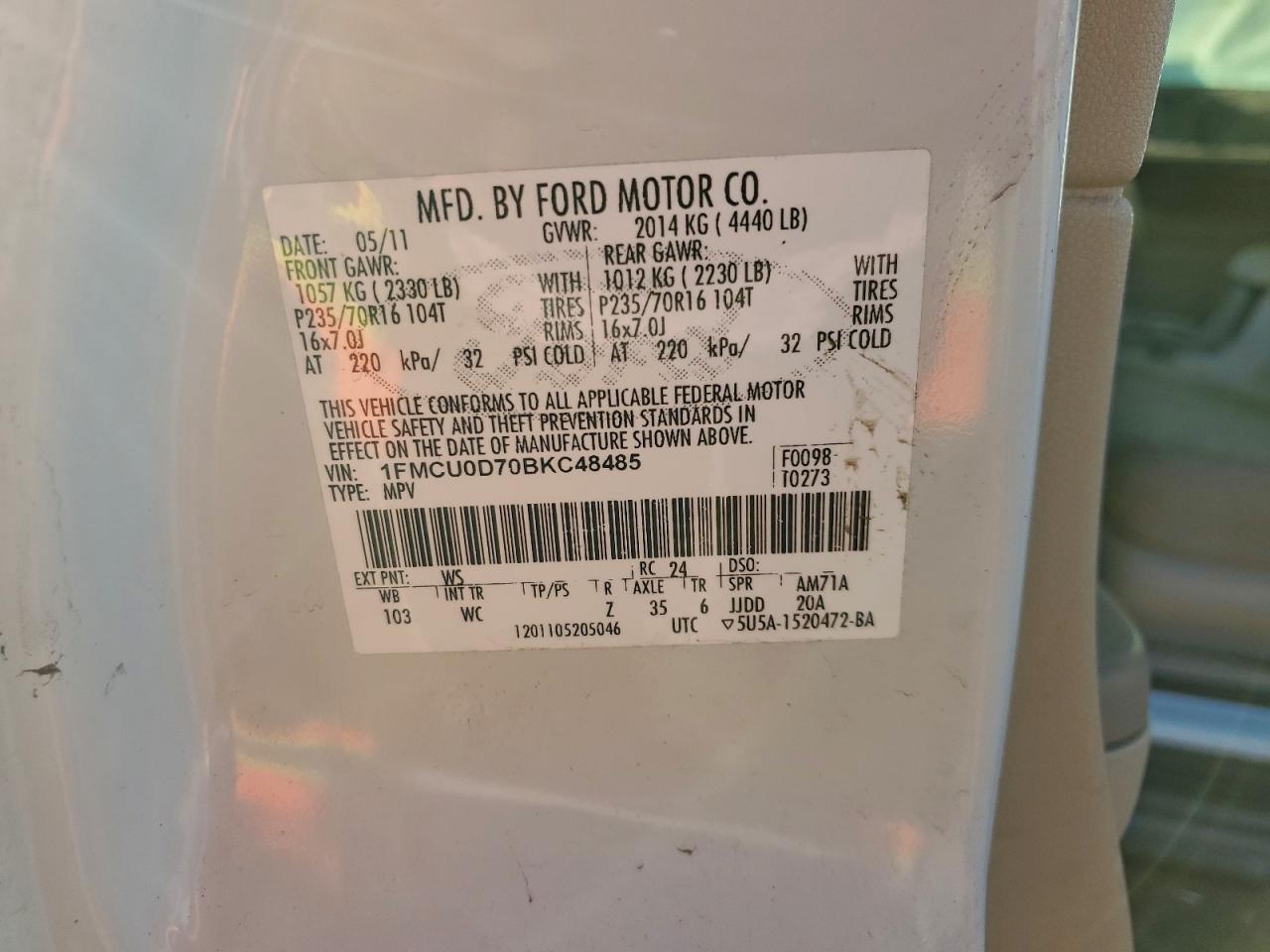 2011 Ford Escape Xlt White vin: 1FMCU0D70BKC48485
