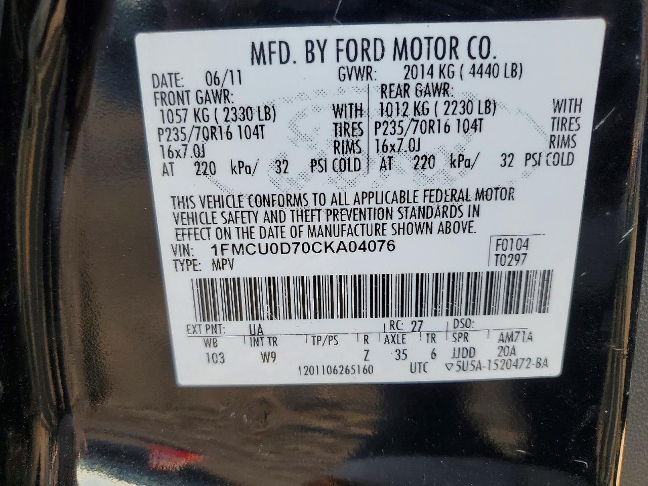 2012 Ford Escape Xlt Black vin: 1FMCU0D70CKA04076