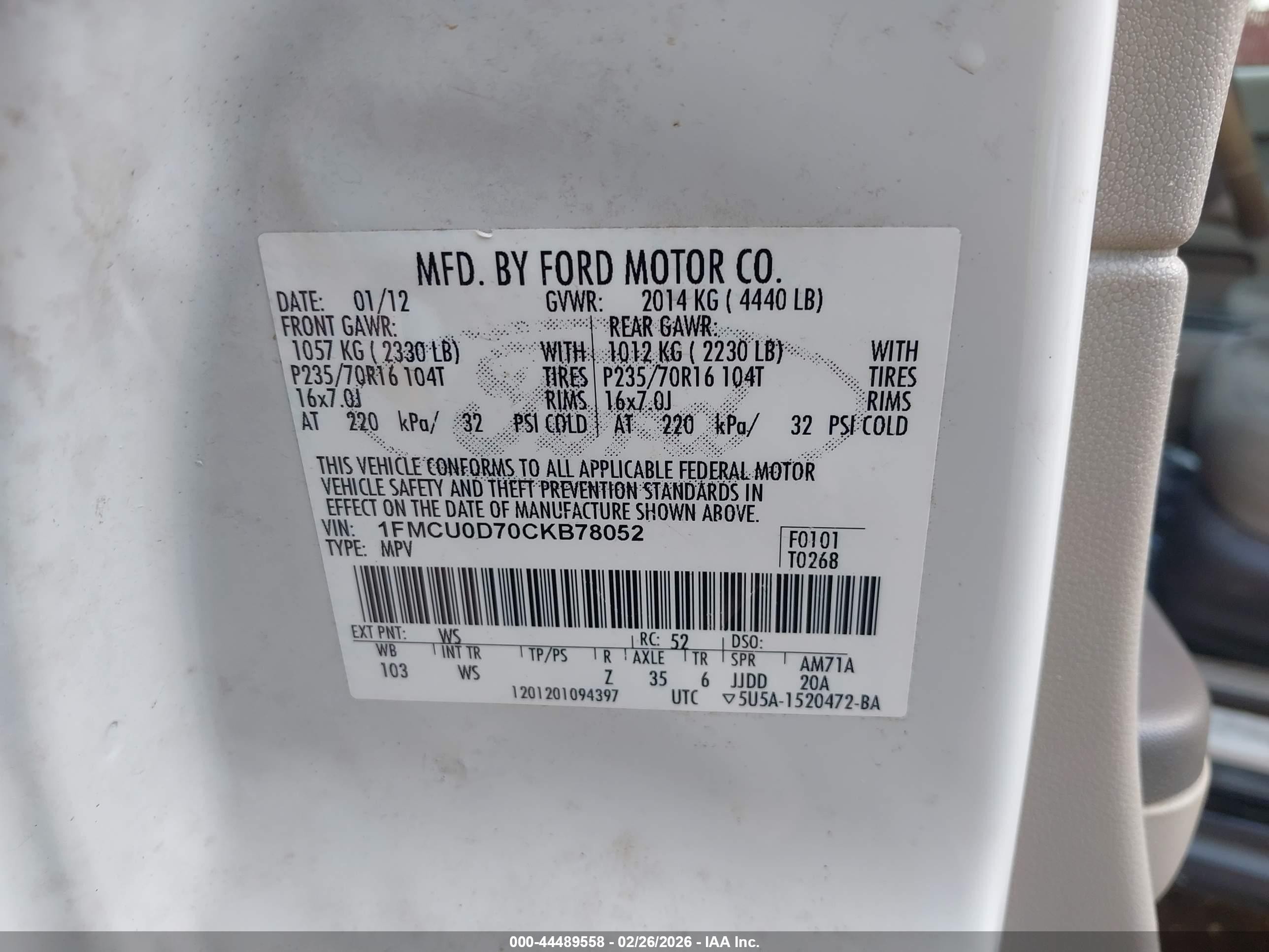 2012 Ford Escape Xlt White vin: 1FMCU0D70CKB78052