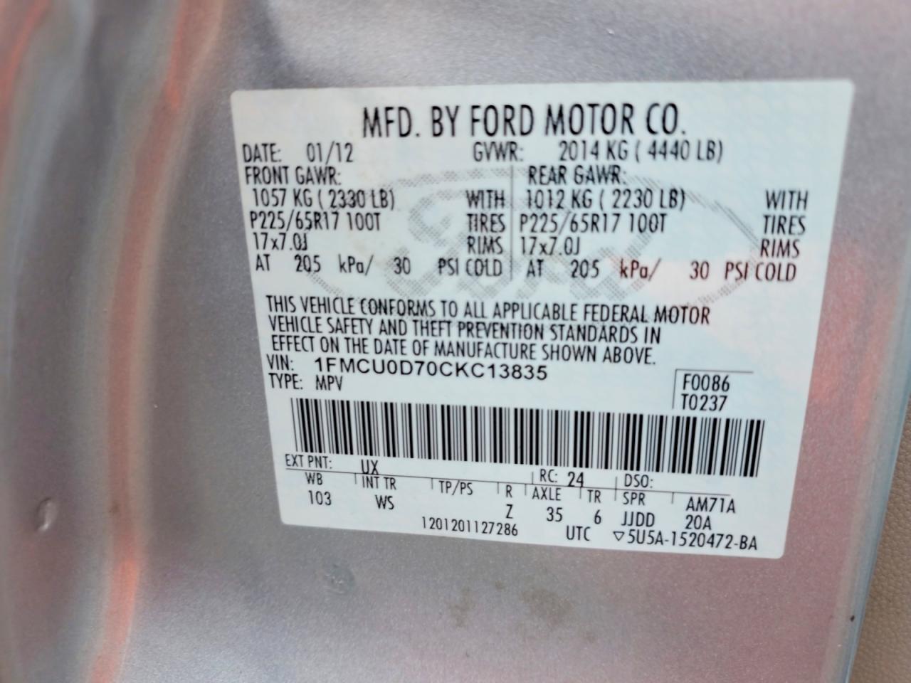 2012 Ford Escape Xlt Silver vin: 1FMCU0D70CKC13835