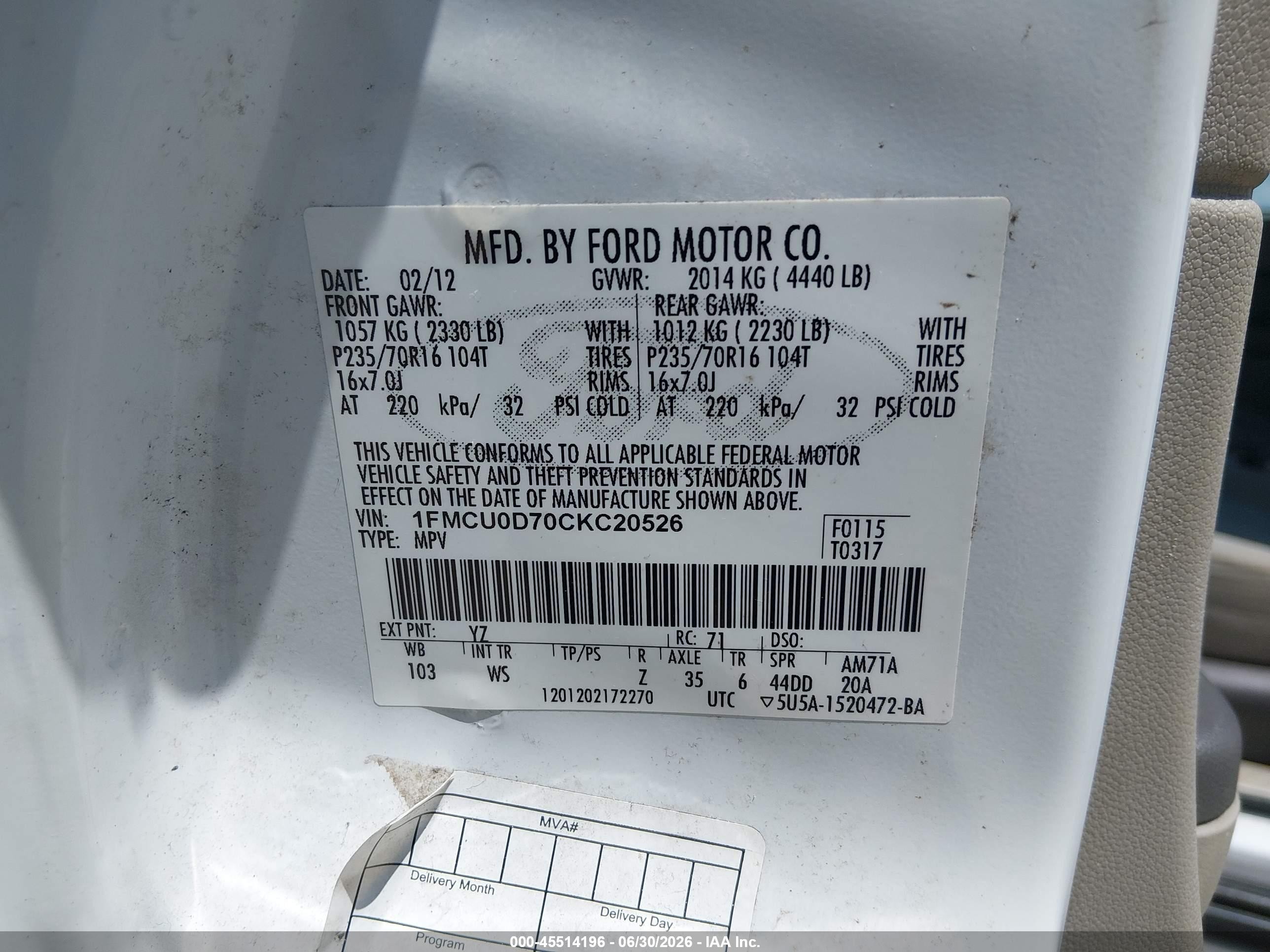 2012 Ford Escape Xlt White vin: 1FMCU0D70CKC20526