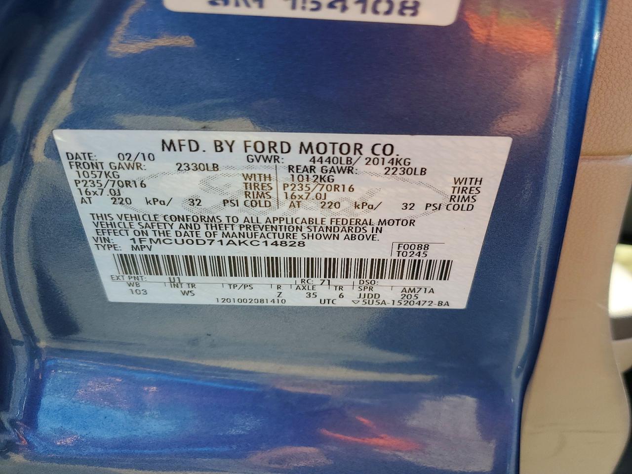 2010 Ford Escape Xlt Blue vin: 1FMCU0D71AKC14828