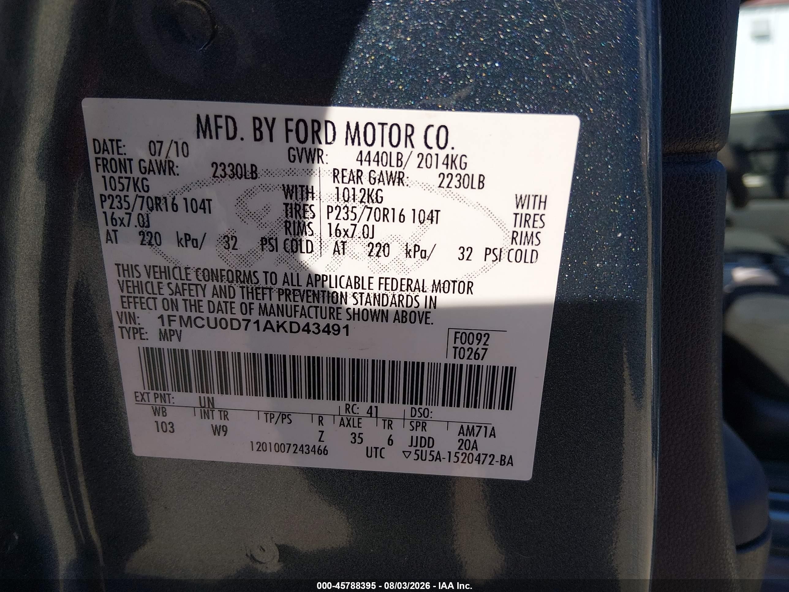 2010 Ford Escape Xlt Teal vin: 1FMCU0D71AKD43491