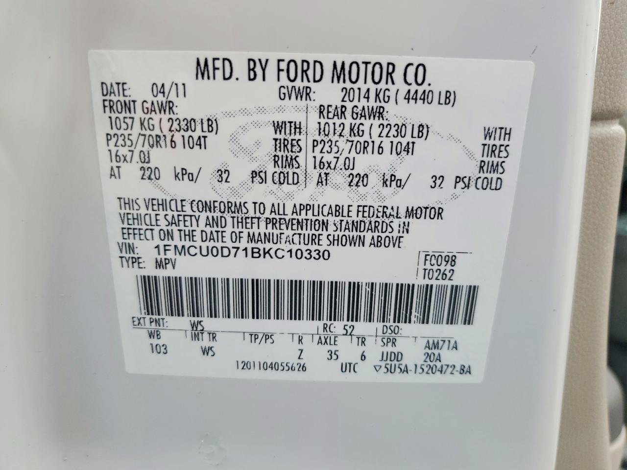 2011 Ford Escape Xlt Белый vin: 1FMCU0D71BKC10330